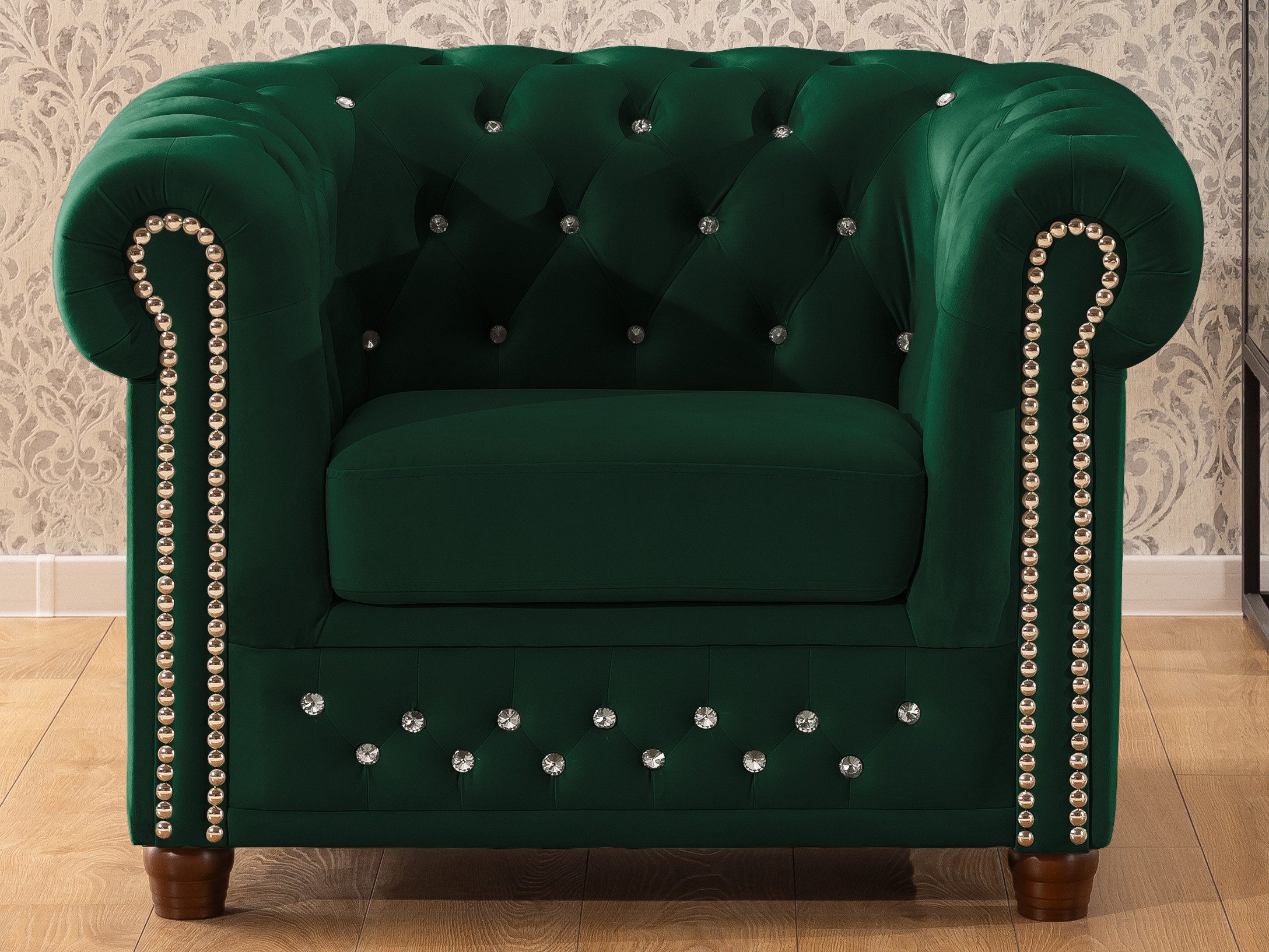 S-Style Möbel Chesterfield-Sessel Cleo Blink aus Samt mit Kristallsteppung und braunen Massivholzfüßen, mit Wellenfederung – Bild 2 von 5
