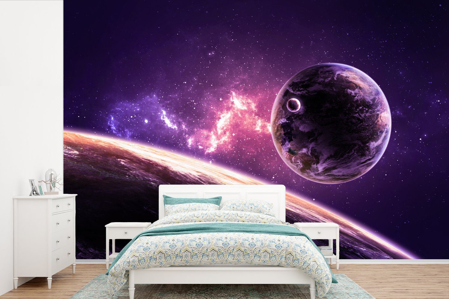 MuchoWow Fototapete Planeten - Weltraum - Sterne, Matt, bedruckt, (6 St), Wallpaper für Wohnzimmer, Schlafzimmer, Kinderzimmer, Vinyl Tapete | Fototapeten