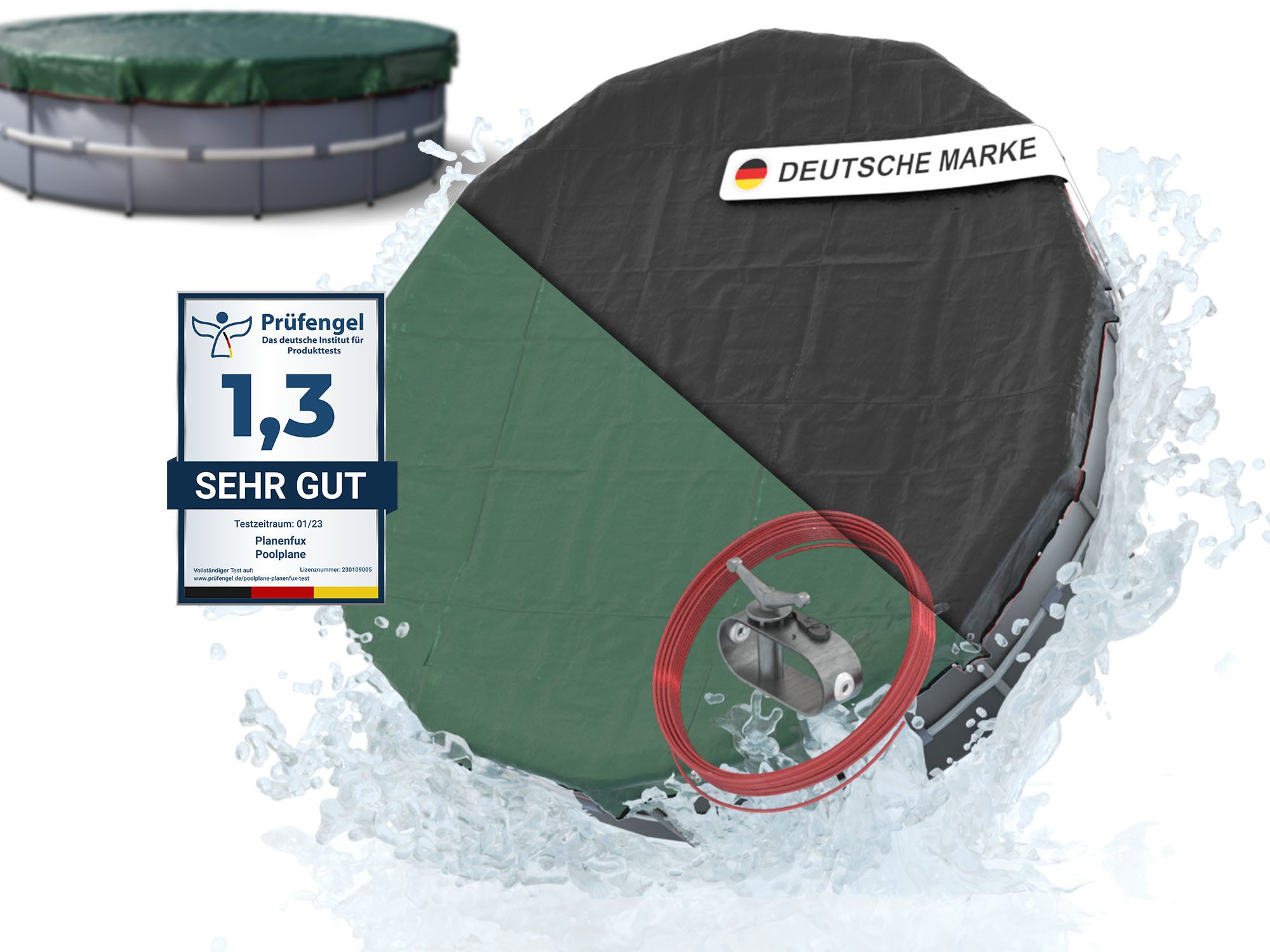 Planenfux® Pool-Abdeckplane Winterabdeckung rund UV-beständig PE (Poolplane mit Stahlseil, inkl. Seilspanner), beidseitig 200 g/m² wetterfest