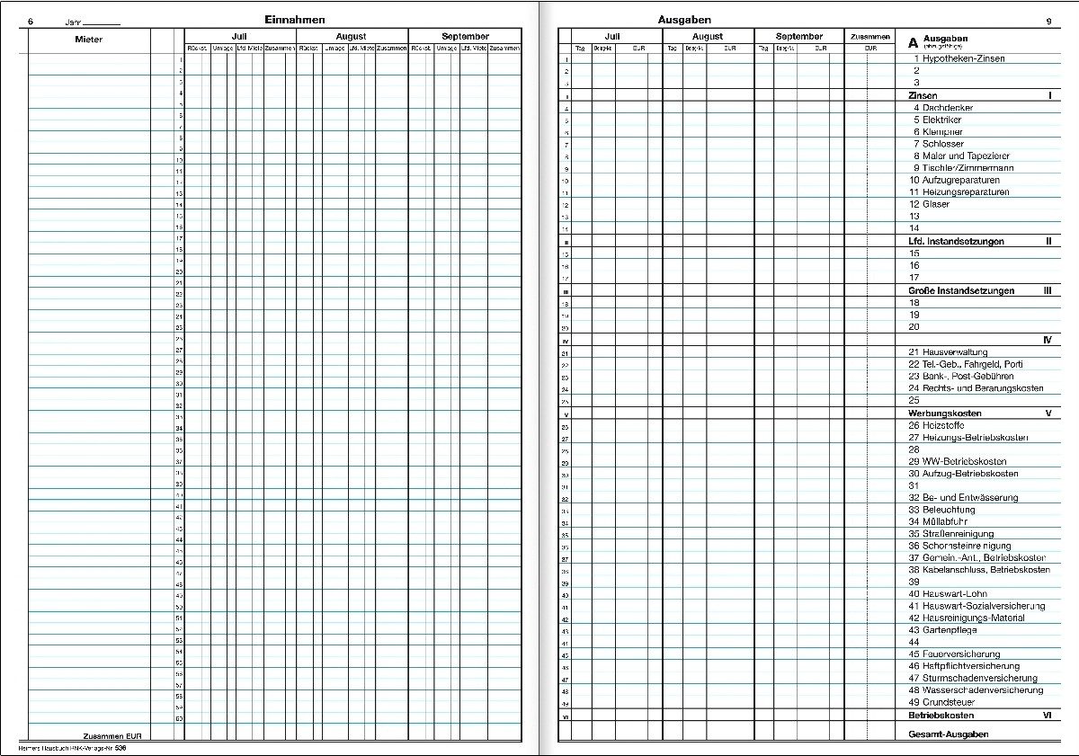Formularblock Hauskontobuch Reimers A4 1 Jahr bis 60 Mieter 6 Blatt grau