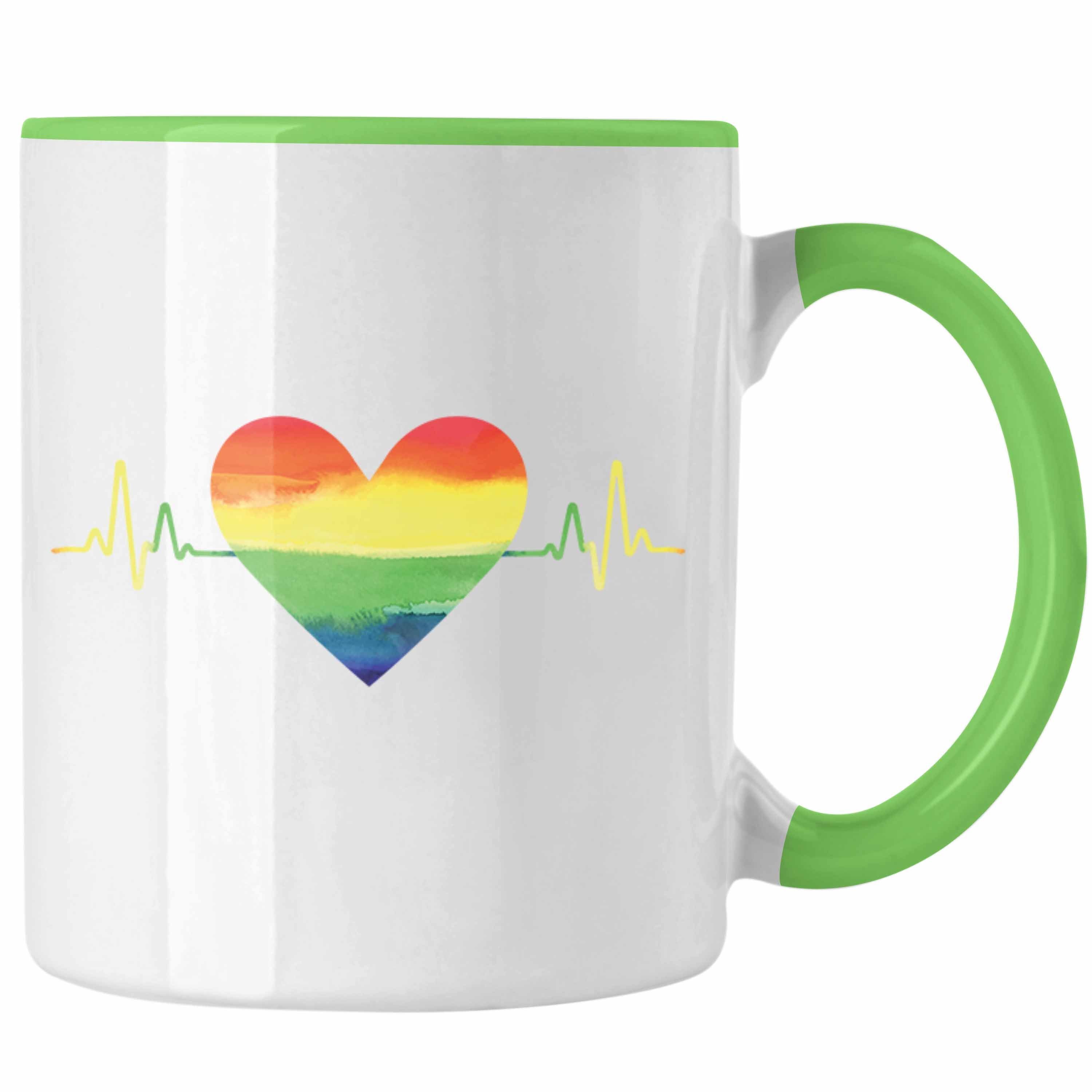 Trendation Tasse Trendation - Regenbogen Tasse Geschenk LGBT Schwule Lesben Transgender Grafik Pride Herzschlag Grün