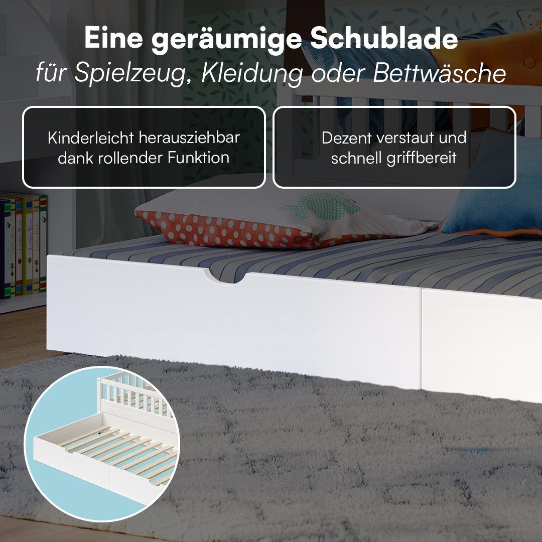 Bellabino Kinderbett Vils 90x200 cm mit Rausfallschutz, Lattenrost, Kiefer Massivholz (weiß, inkl. Gästebett 90x190, optional mit Matratze) – Bild 5 von 5