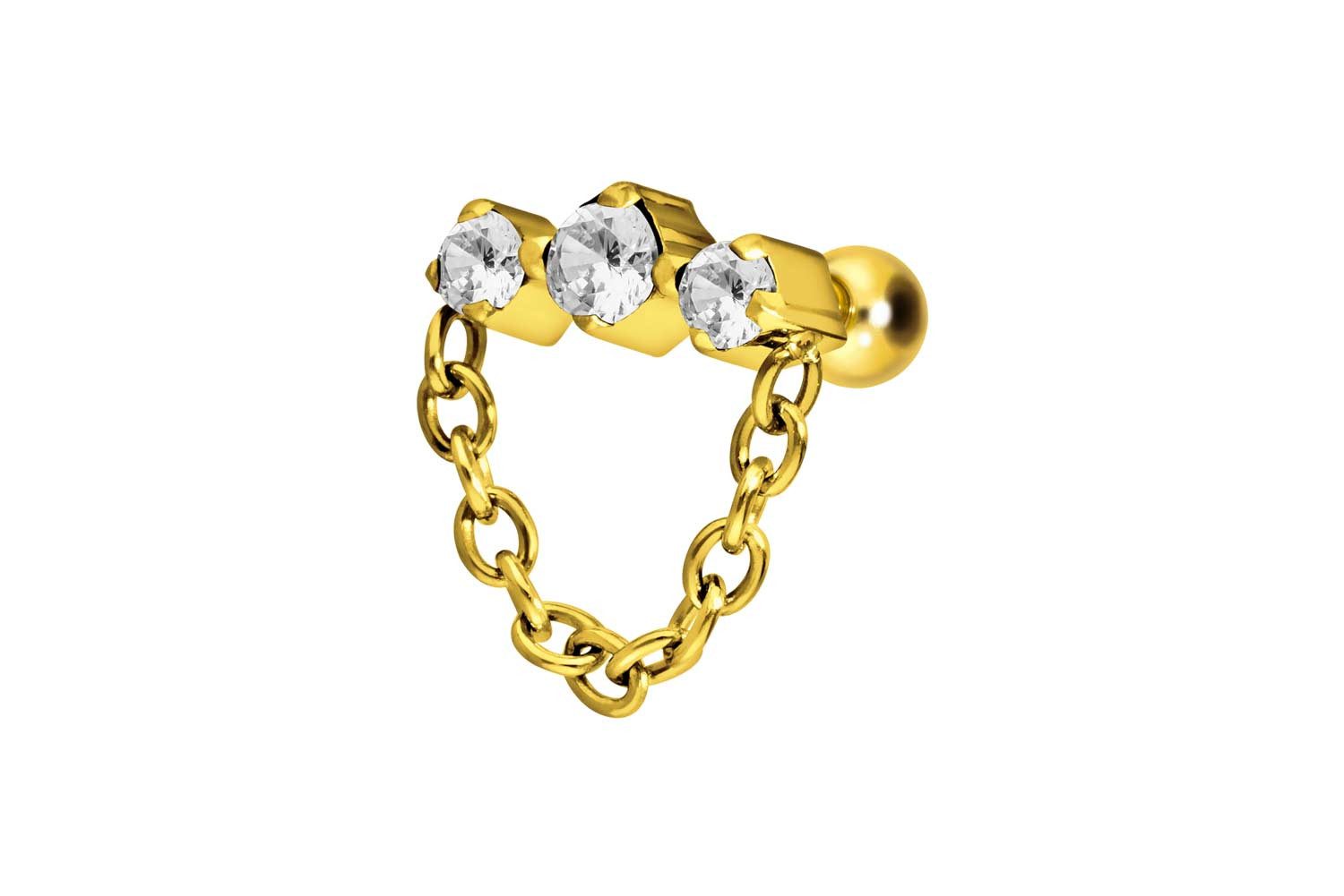 Piercing-Set Titan Ohrpiercing mit Innengewinde 3 EINGEFASSTE KRISTALLE + KETTE
