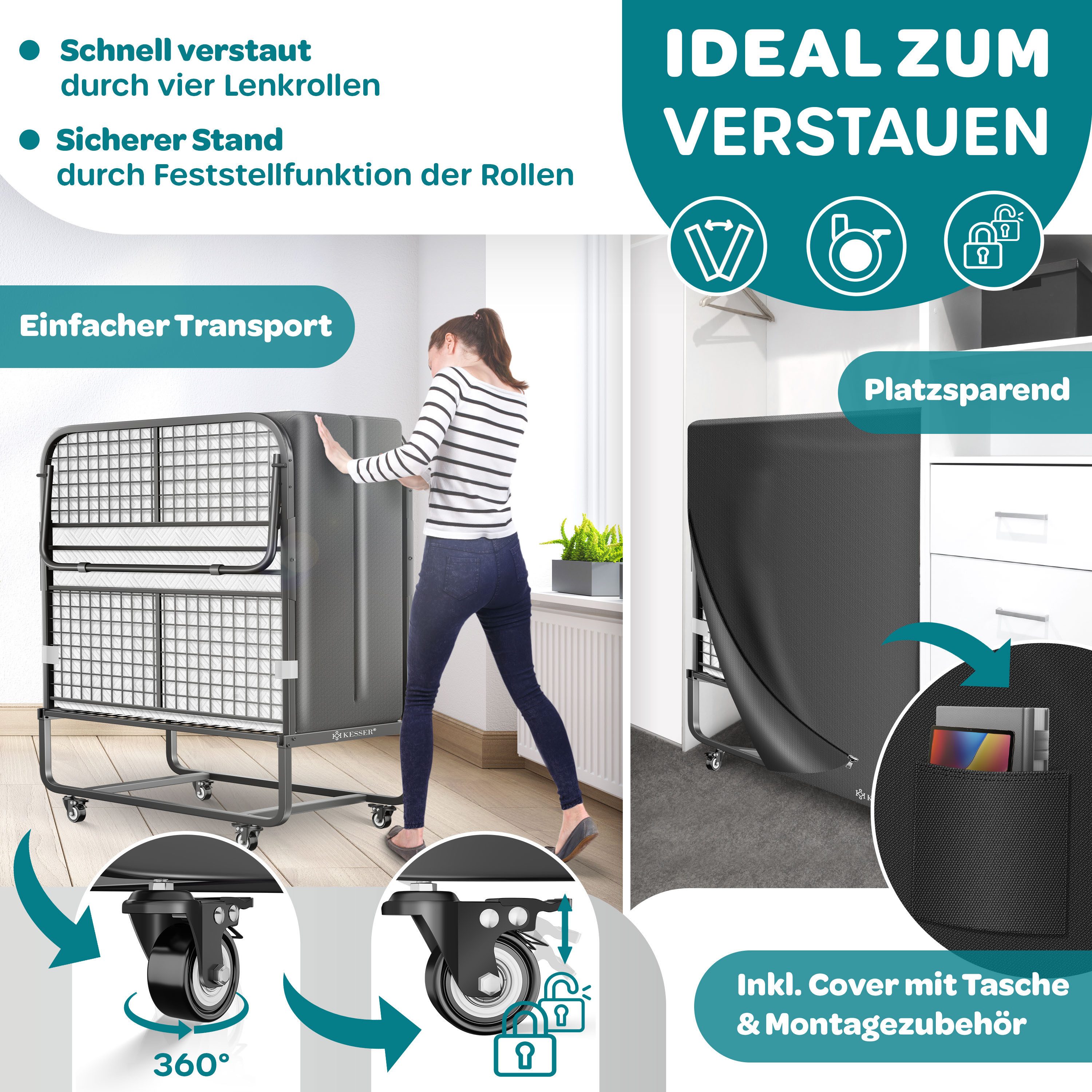 KESSER Gästebett 200x90cm Klappbett faltbares Reisebett mit Metallrahmen für Erwachsene (Metall Bett inkl. Matratze aus Memory-Schaum, Räder & Schutzhülle) Mobiles Bett belastbar bis 250kg mit abnehmbarem Bezug