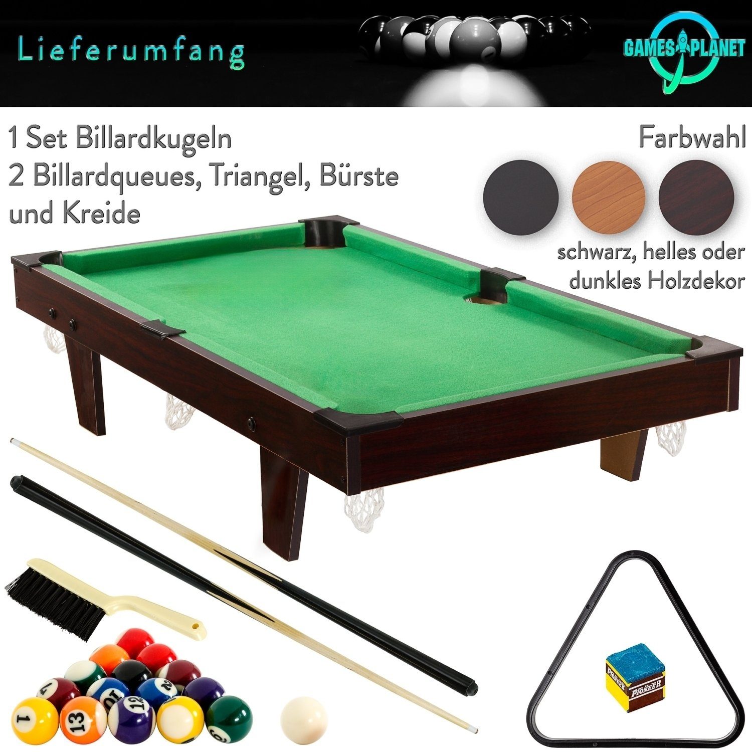 Micro Pool (2 Zubehör, PLANET Queues, Bürste), dunkles 3 Dreieck, Billardtisch Kreide, Billardtisch Maße:92x52x19cm inkl. GAMES Kugeln, Dekore, Mini Holzdekor