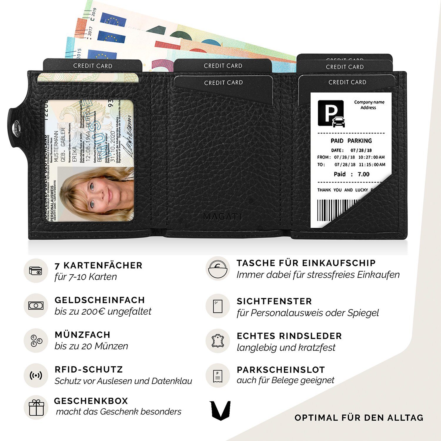 Einkaufswagenchip-Fach, & aus Geldbörse klein Münzfach, 10 bis Herren Wallet, Echtleder zu Geschenkverpackung), mit Karten, MAGATI (mit für Portemonnaie Damen Schwarz RFID-Schutz