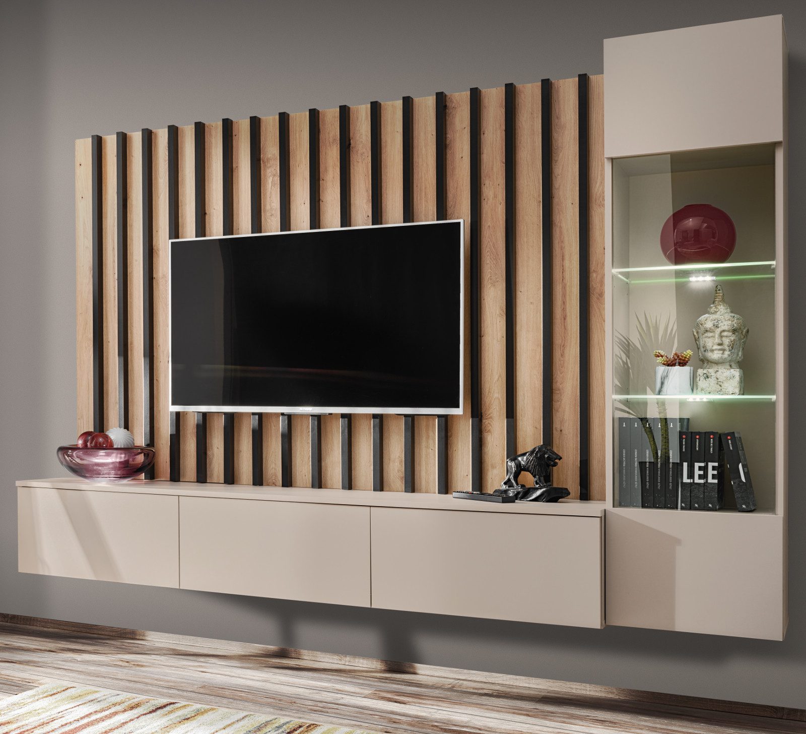 Furn.Design Wohnwand Pearl, (TV- Mediawand in Kaschmir / Sand mit Eiche Artisan, 3-teilig, 220 x 190 cm), mit Push-To-Open, inklusive LED Beleuchtung