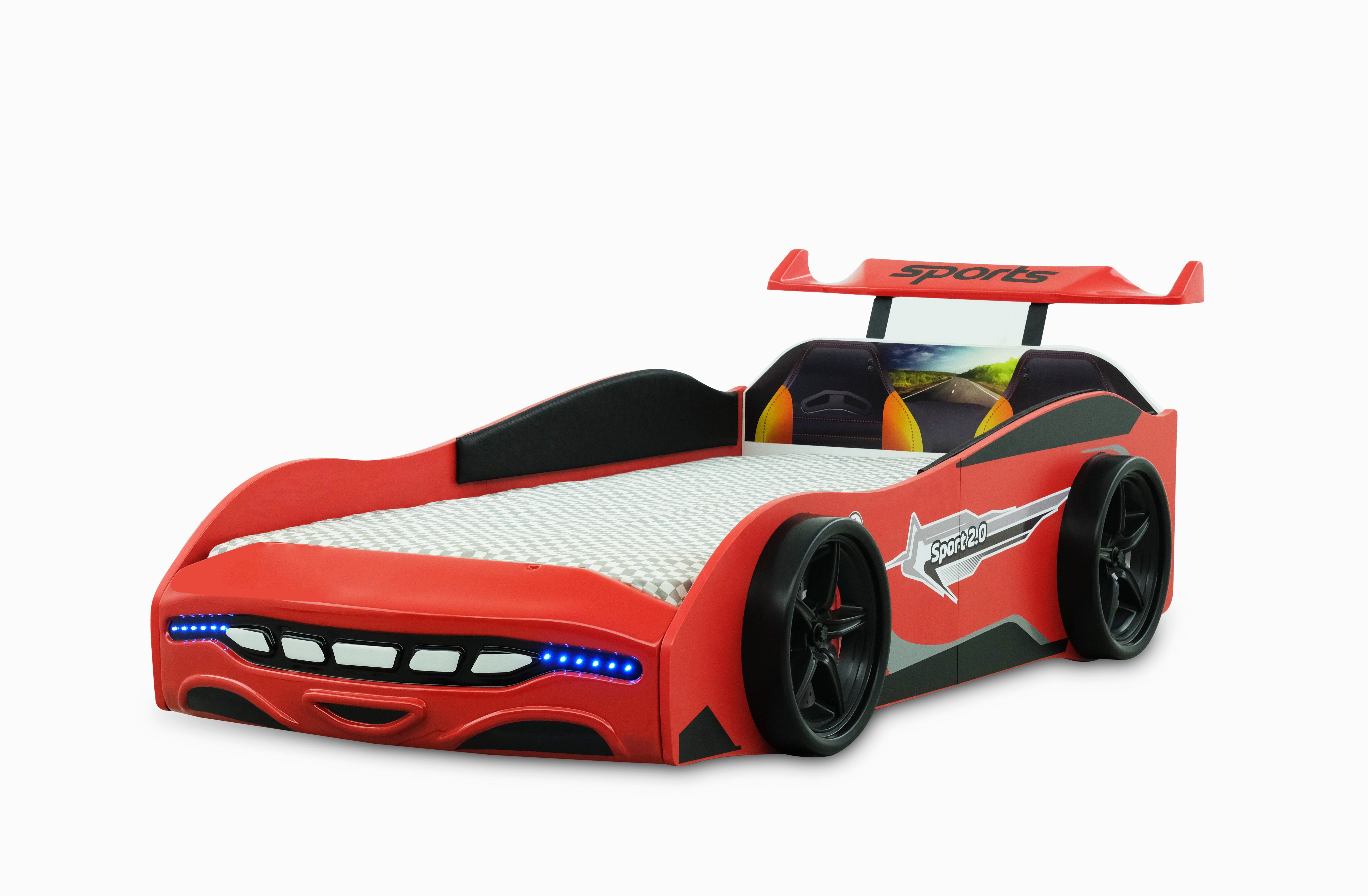 Möbel-Lux Kinderbett Sport 2.0, Kinder Autobett mit LED Scheinwerfer und Spoiler Rot