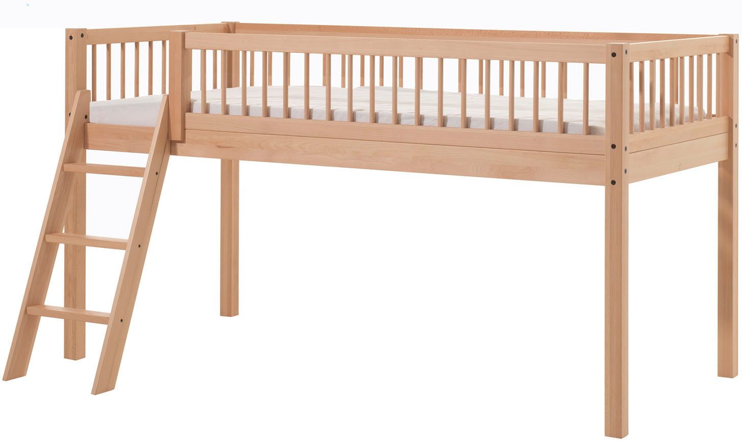 Vipack Spielbett Forrest, Absturzschutz mit Sprossen-Optik, Pfostenstärken ca. 50x50mm (Buche natur lackiert, stabil und hochwertig gebaut, inkl. Lattenrost), 90/200 cm, inkl. Vorhang-Set 3-tlg., Spielbereich unter dem Bett