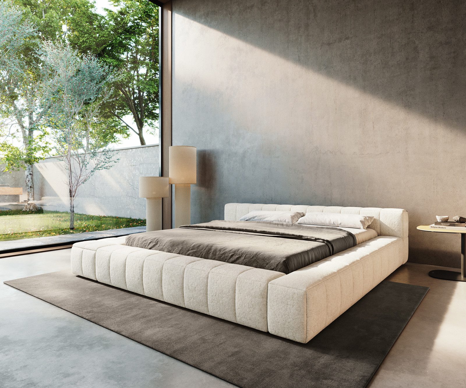 DELIFE Polsterbett Espazio, Bouclé Soft Beige 180x200 cm mit Stauraum