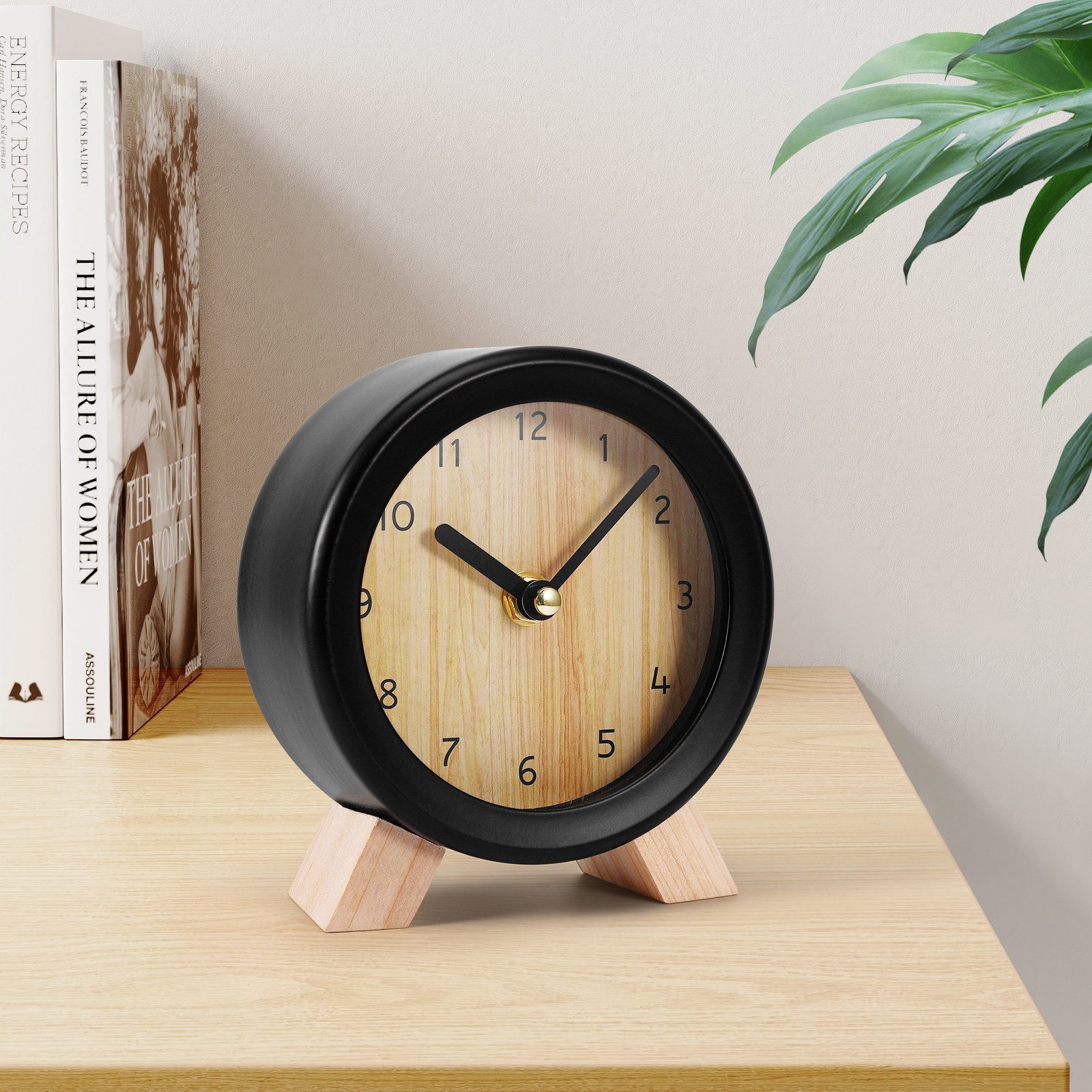 BlingBin Standuhr Analoger Wecker, runde leise Tischuhr aus Holz und Metall (1 Stück, 1-St., 12.5*5.2*14cm), Deko Tisch Uhr Ohne Ticken für Schlafzimmer Büro Wohn und Kaffeeraum