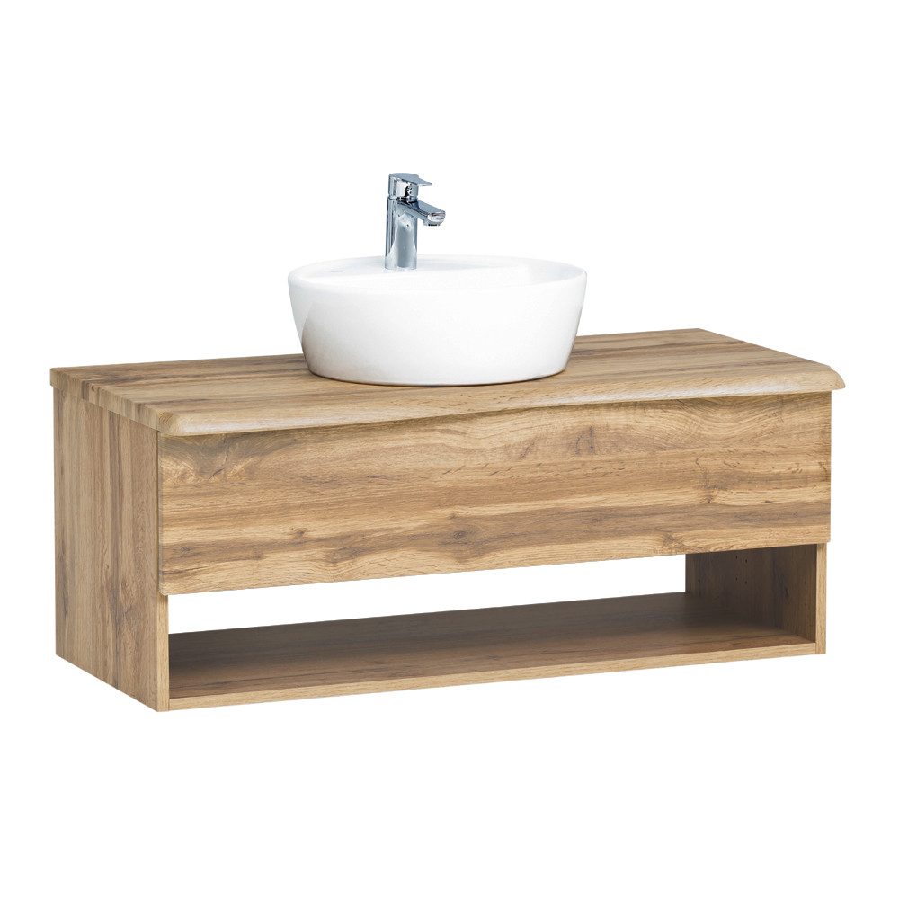 Lomadox Badmöbel-Set KAHLA-03, (Spar-Set, 5-St), Eiche Baumkantenoptik Spiegelschrank und Waschbecken 216/200/52 cm