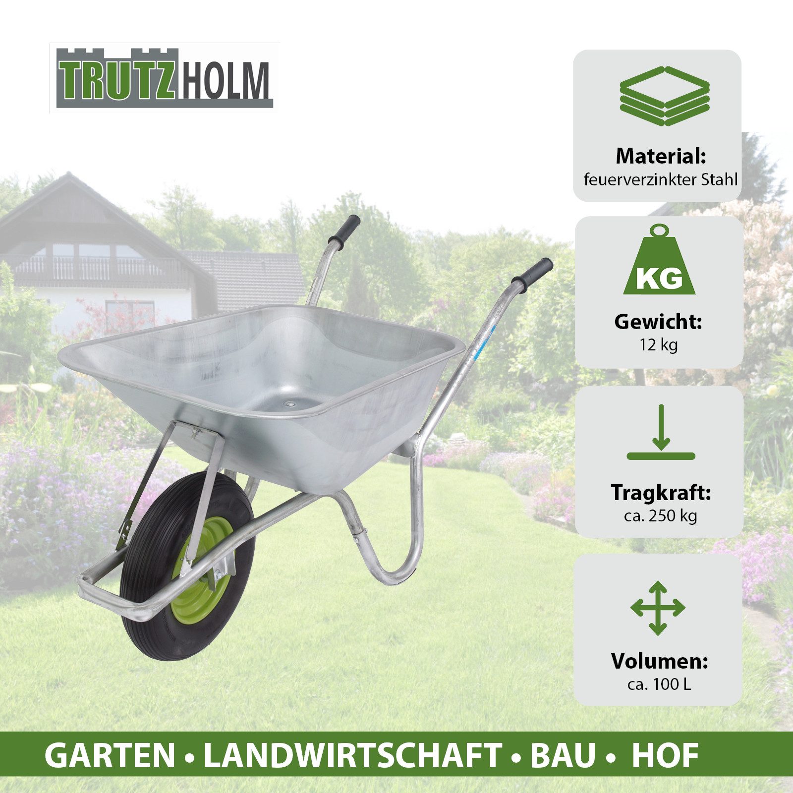 TRUTZHOLM Schubkarre 100L 250kg Vollgummirad Stahlfelge Stahlwanne Schutzbügel Verstärkung, (Einzeln, 1-tlg), verzinktes Stahlgestell