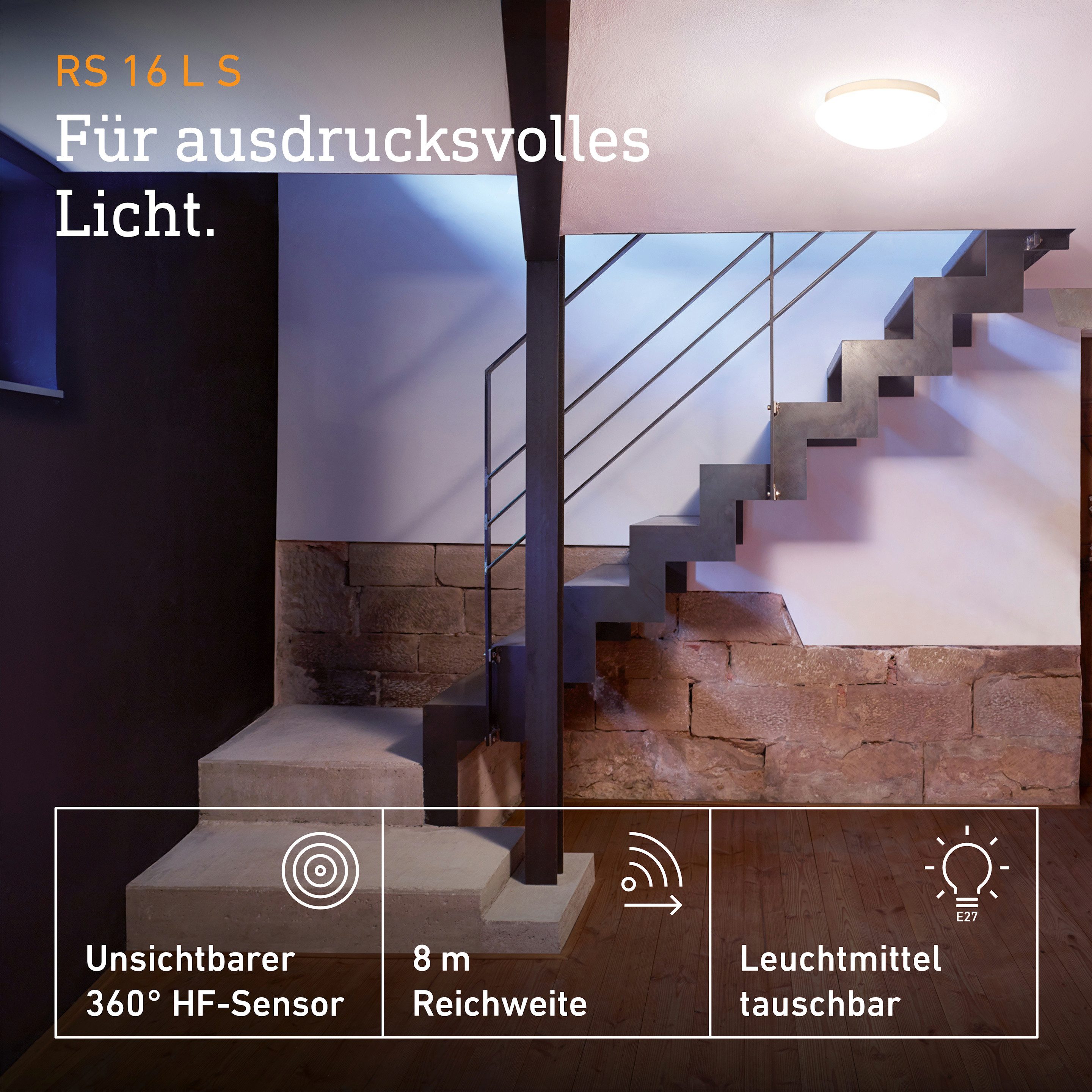 steinel Deckenleuchte RS 16 L S, ohne Leuchtmittel, 360° Bewegungsmelder, 8m Reichweite, E27, 60W