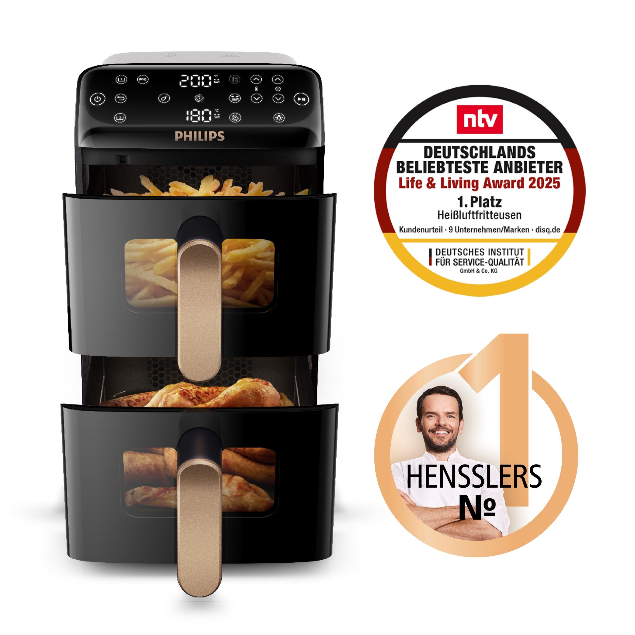 Philips Heißluftfritteuse NA462/80 4000 Series Stacked Dual Basket und 10L Kapazität (5+5L), 2750 W, RapidAir Technologie; Schwarz/Dunkelgrau, kupfer Griff