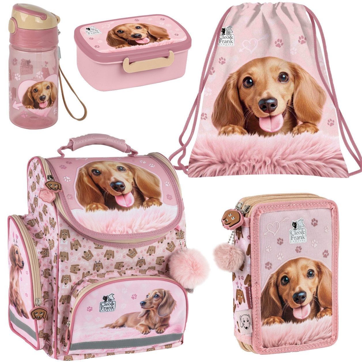 DERFORM Schulranzen Set 5 tlg. Hunde - Tornister Federtasche Turnbeutel Brotdose (Set, 5-tlg)