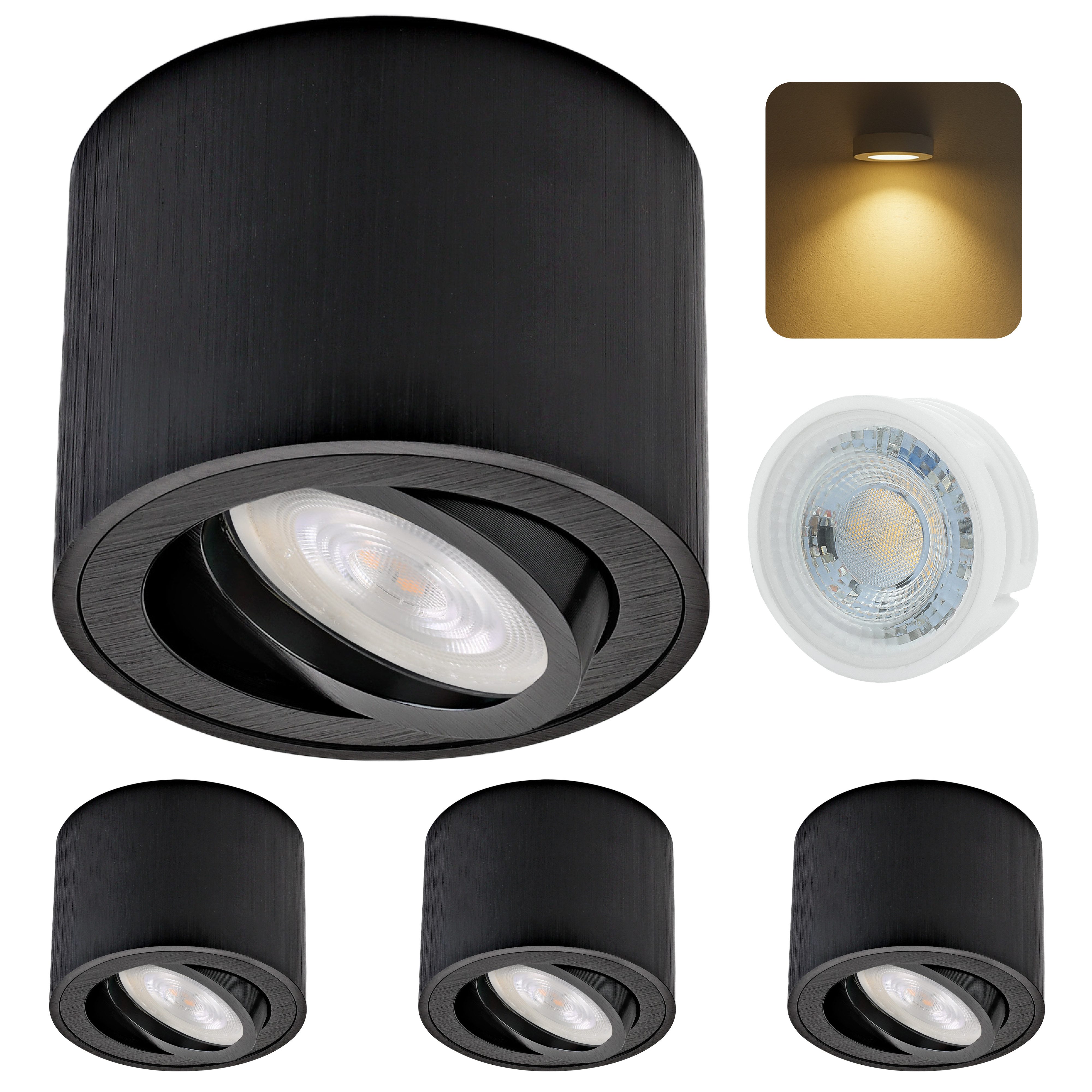 Sweet LED LED Накладной прожектор 4er Set flache LED Aufbauspots schwarz - rund & schwenkbar, 5 W, 230V, LED wechselbar, Warmweiß, LED Deckenlampe, Deckenspot, Deckenstrahler