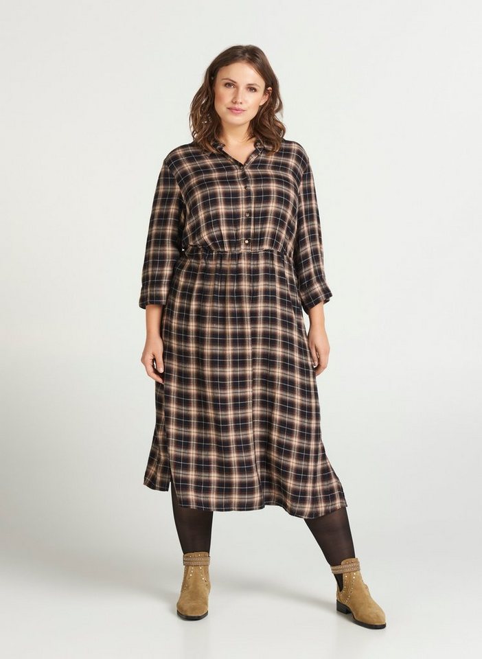 Zizzi Maxikleid Große Größen Damen mit 3/4-Ärmeln und Karo-Muster in
