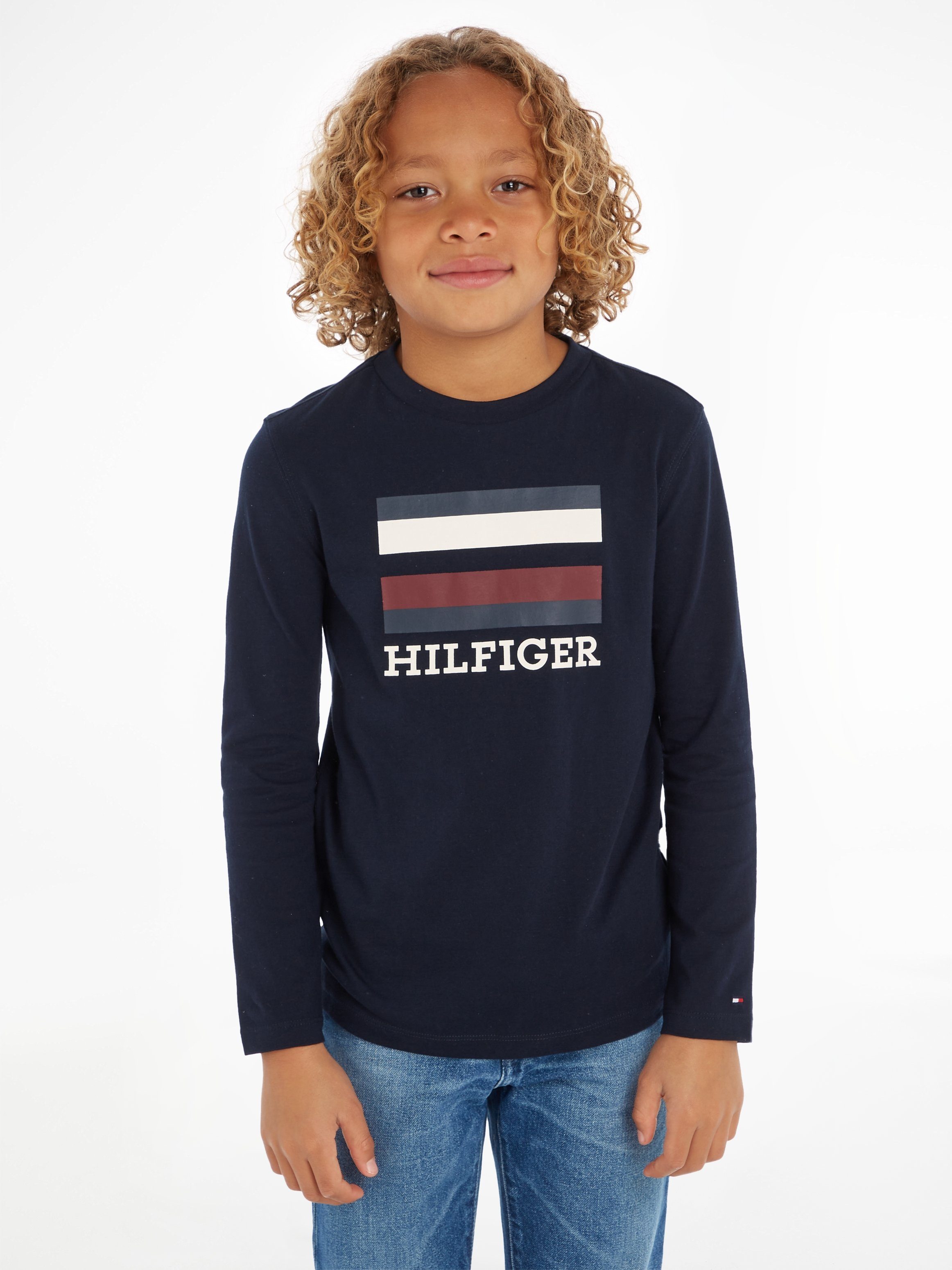 Tommy Hilfiger Langarmshirt TH LOGO TEE L/S mit großem Hilfiger Front Print dunkelblau