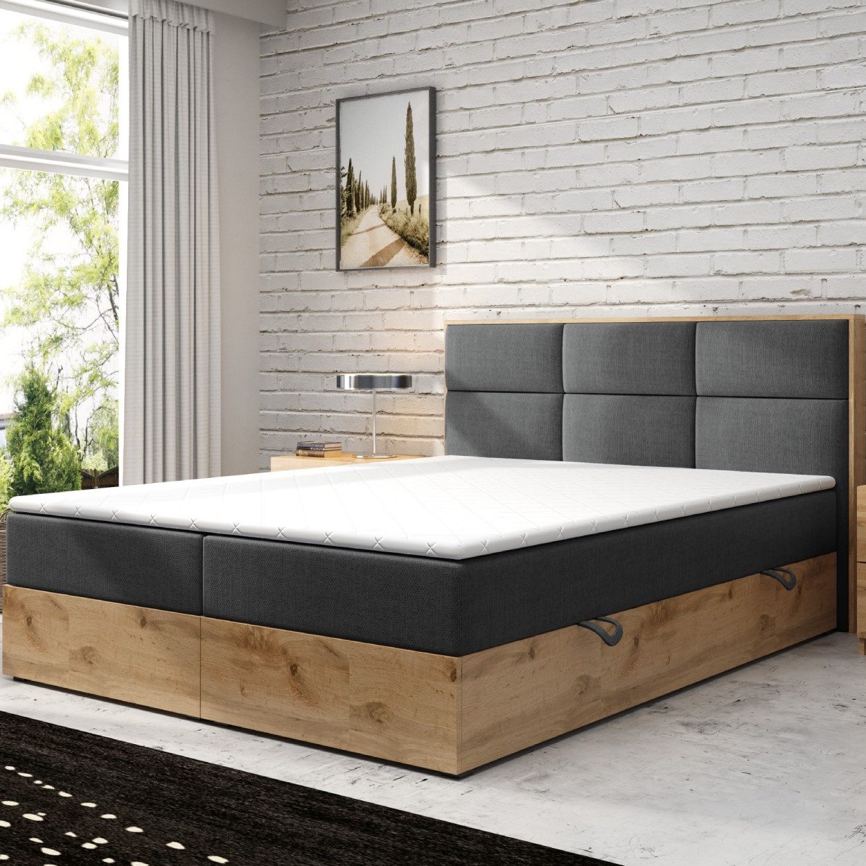 M-Punkt24 Boxspringbett Stockholm (180 x 200 cm), Eiche Holz, mit Bettkasten, mit Topper