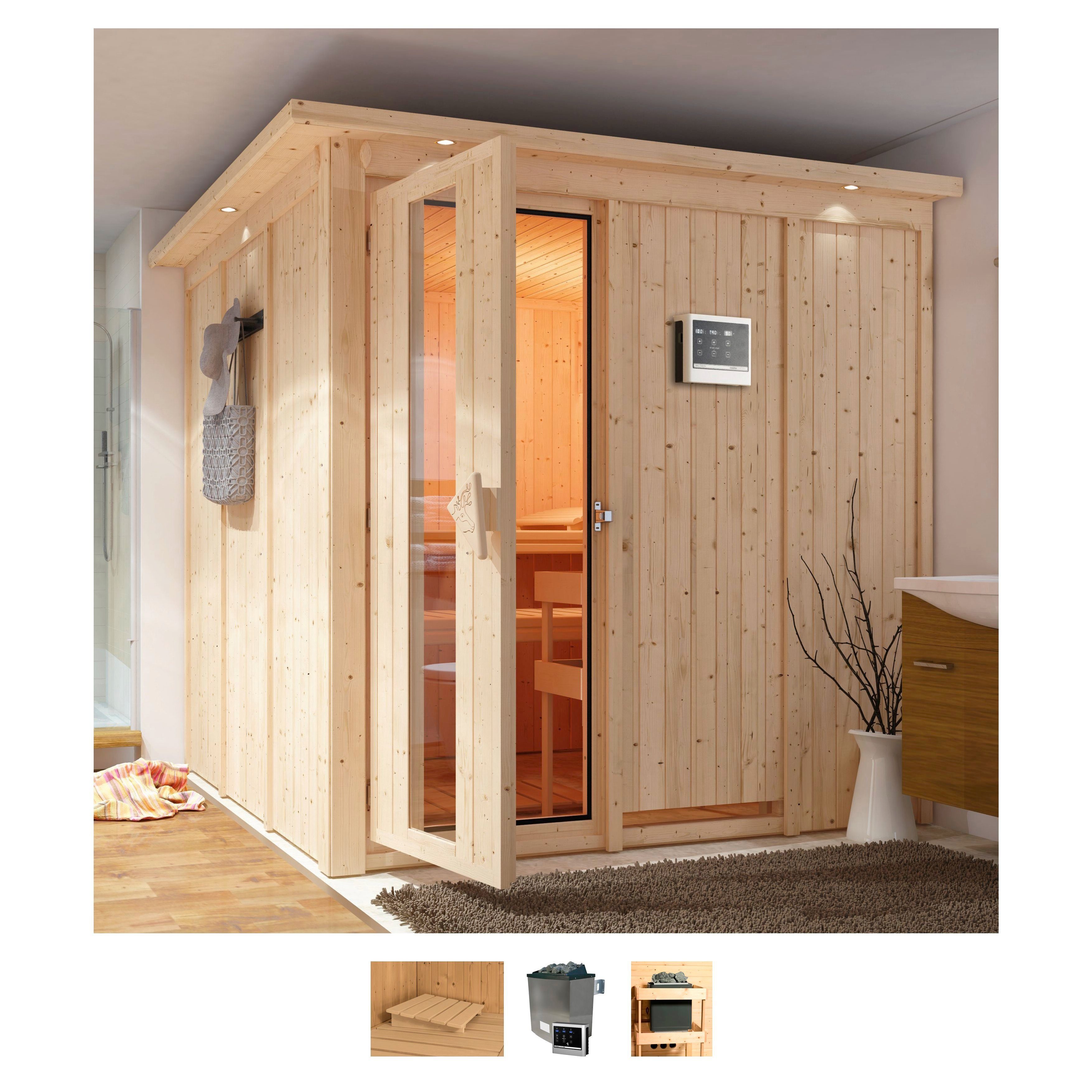 Karibu Sauna Rodin, BxTxH: 210 x 210 x 202 cm, 68 mm, (Set) Ofen 9 KW externe Strg easy