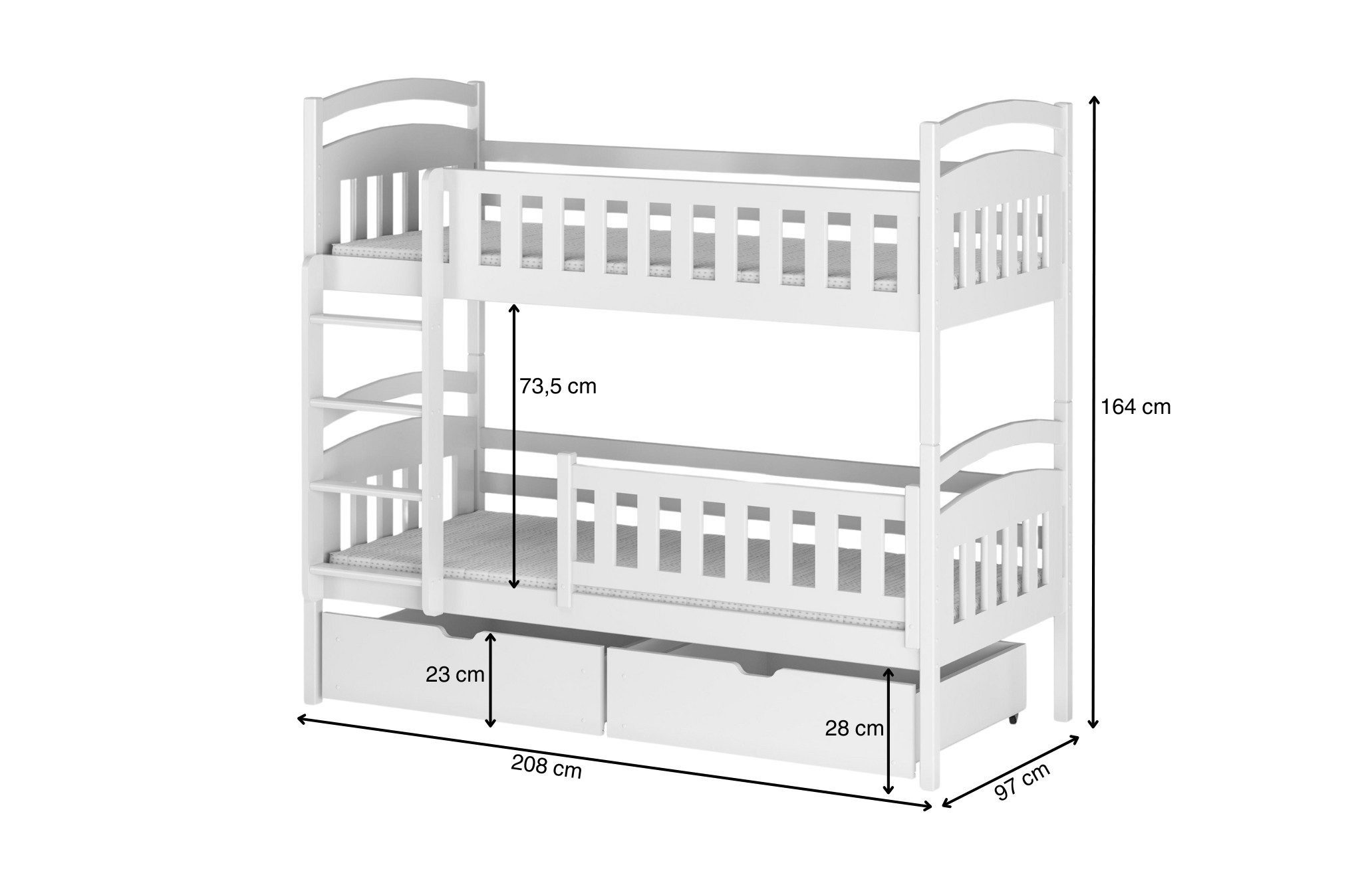 Kids Collective Etagenbett Hochbett Kinderbett 90x200 umbaubar in zwei Einzelbetten (Modell 2025), 90x200 cm mit zwei Schubladen Lattenrost Rausfallschutz Vollholz weiß