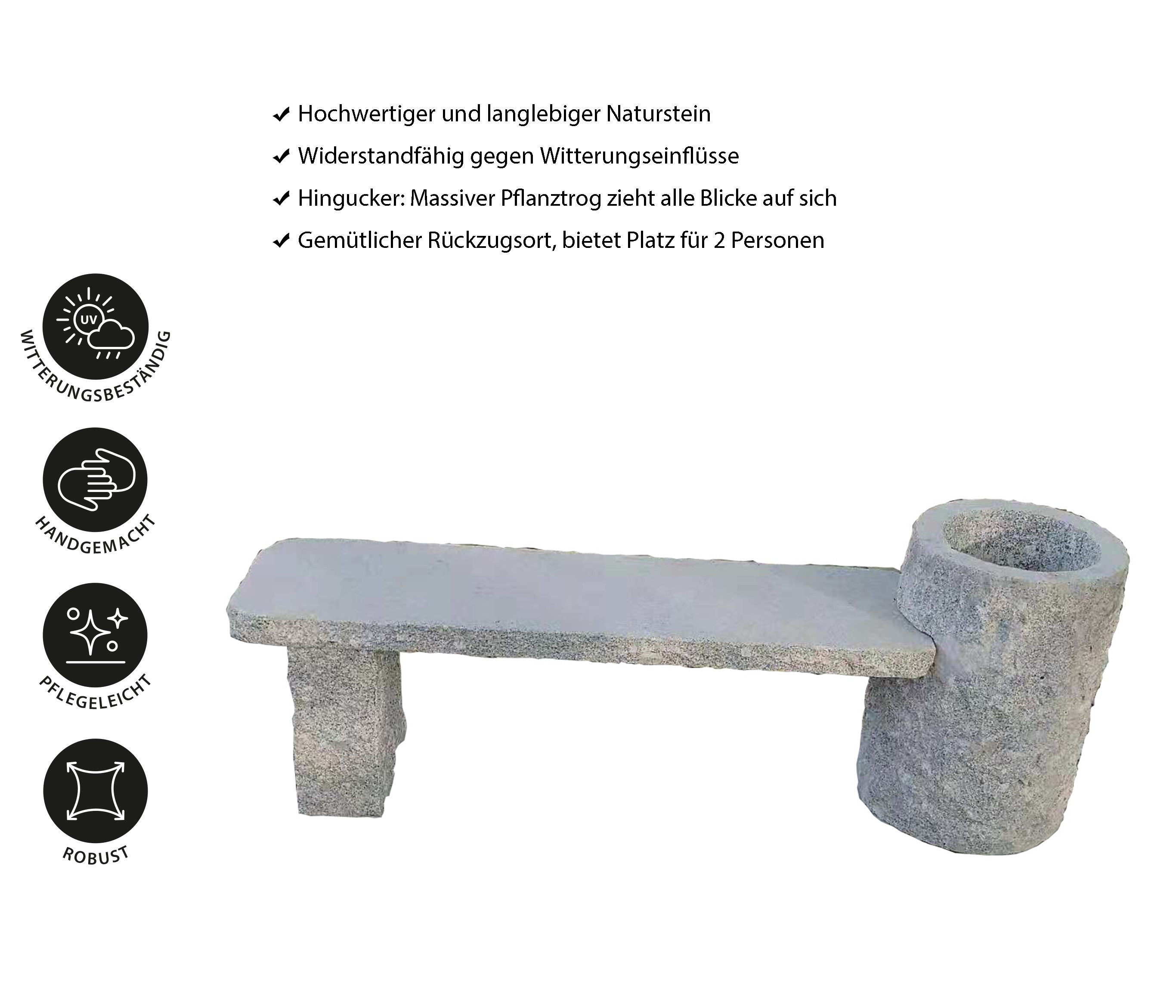Dehner Gartenbank Flora mit Pflanztrog, 130 x 45 x 30 cm, Granit, Sitzfläche und Füße aus hochwertigem Granit, moderne Gestaltung