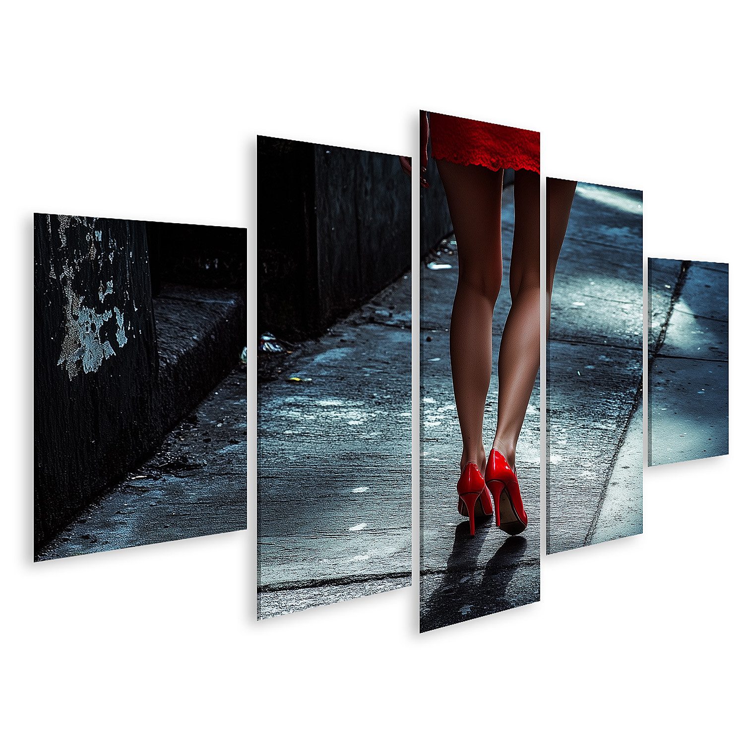 islandburner Leinwandbild Rote High Heels Schuhe auf nassem Pflaster