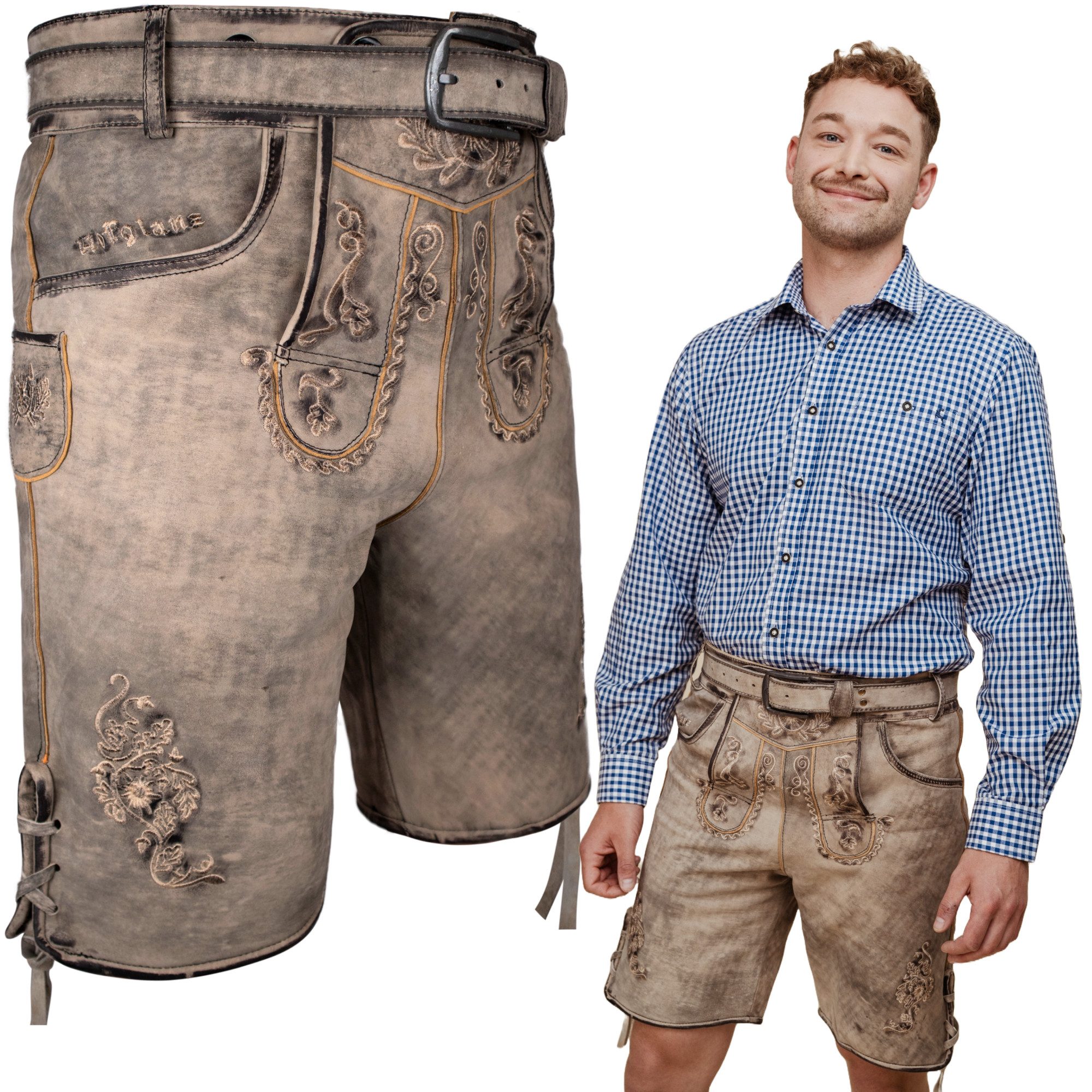 Trachtenlederhose Herren Trachten Lederhose kurz Antik inkl. Gürtel in grau und braun