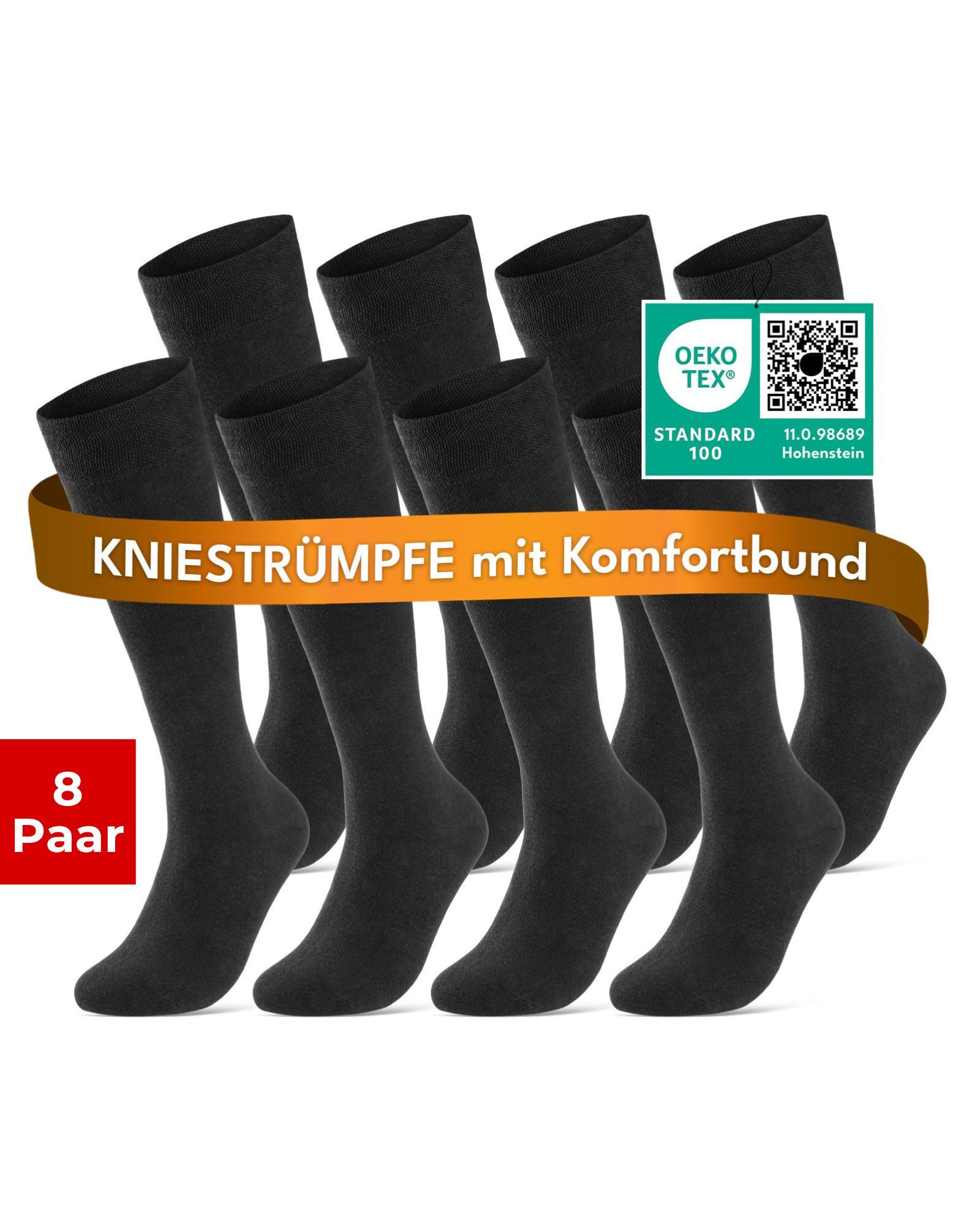 sockenkauf24 Kniestrümpfe Damen & Herren mit Komfortbund ohne Naht aus Baumwolle (Schwarz, 8-Paar, 35-38)