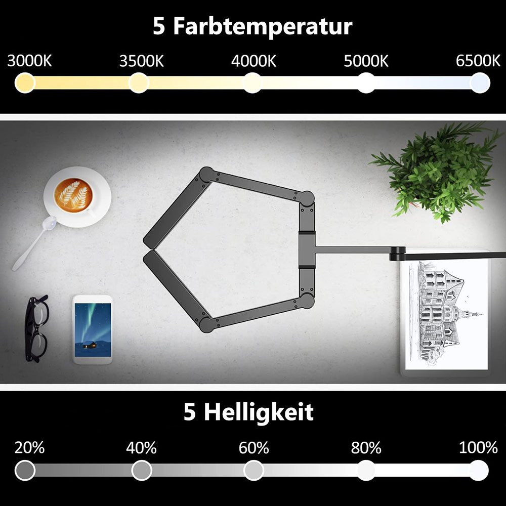 LMaxhome LED Schreibtischlampe Doppelkopf Tischleuchte mit Klemme Dimmbar Touch-Steuerung Augenschutz, 24W, LED fest integriert, 5 Farbtemperaturen(3000K-6500K) – Bild 2 von 5
