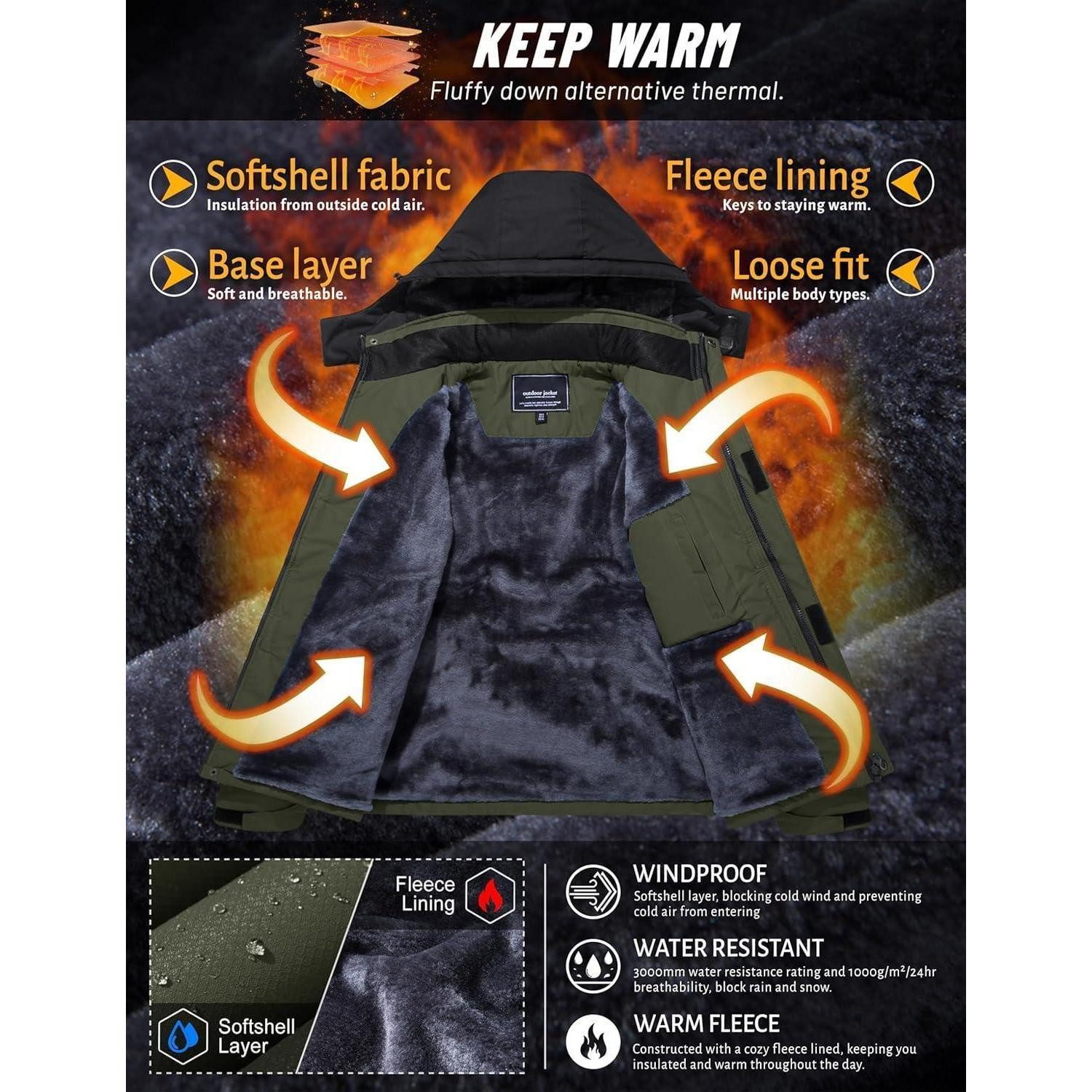 TACVASEN Winterjacke Herren Winterjacke Wasserdicht Winddicht Fleece Kapuze S Armeegrün