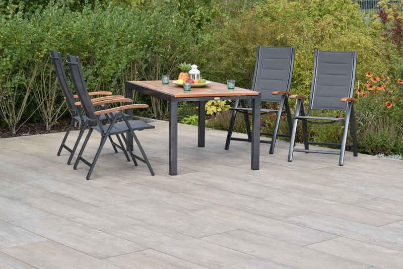 MERXX Garten-Essgruppe Paxos, (Set 5-teilig, Tisch, 4 Klappsessel, Aluminium mit Textilbespannung und Akazienholz), Sitz- und Rückenfläche gepadded, Armlehnen aus Akazienholz