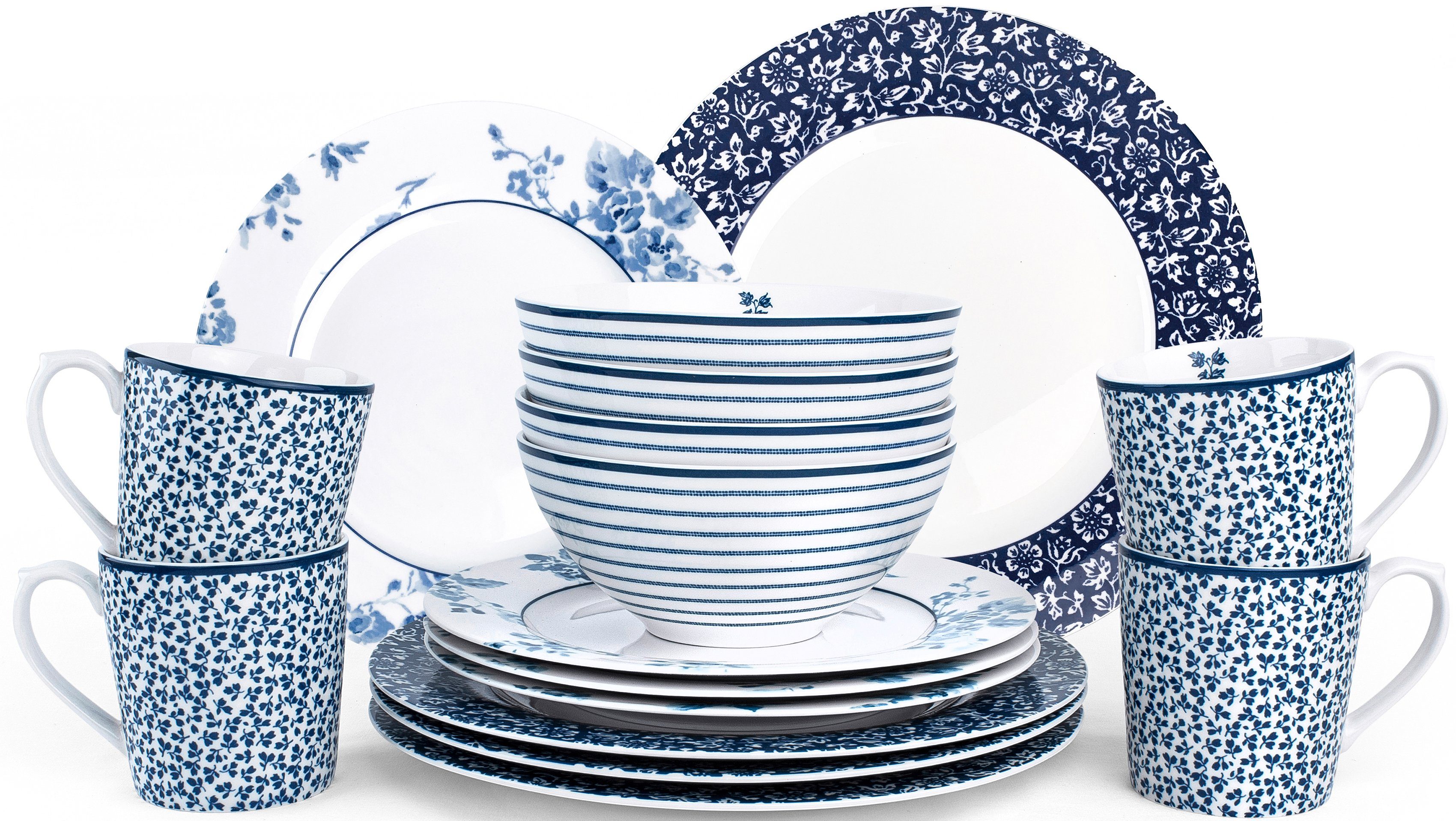 LAURA ASHLEY BLUEPRINT COLLECTABLES Kombiservice Geschirr-Set, Service  China Rose, Sweet Allysum, Floris, Candy Stripe (16-tlg), 4 Personen,  Porzellan, 16 Teile, für 4 Personen, Schöne blaue Dekoren Mix & Match