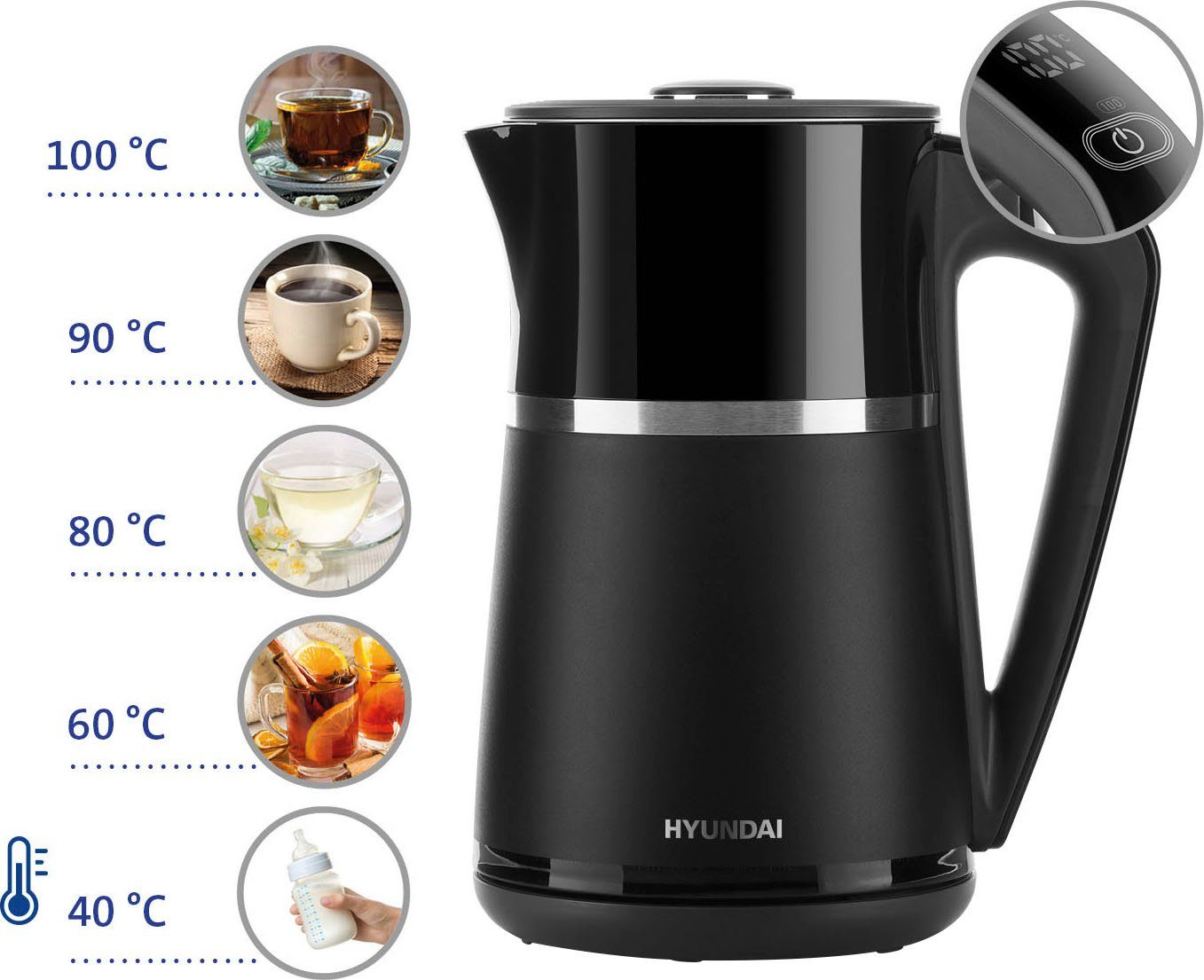 Hyundai Wasserkocher HYUVK309, 1,7 l, 2200 W, elektronische Temperaturregelung, Thermoskannen-Effekt