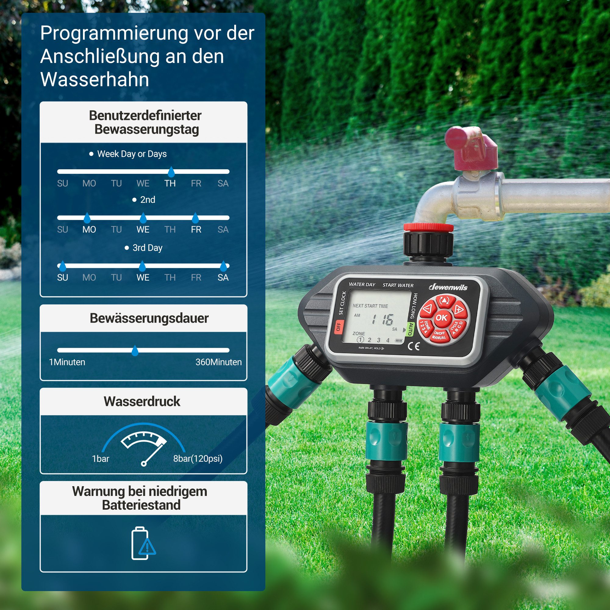 DEWENWILS Bewässerungscomputer 4 Ausgänge, Garten Bewässerungsuhr, (Regenverzögertem/Manuellem/Automatischem Modus), 4 Bewässerungsprogramme, Automatische Bewässerungszeitschaltuhr