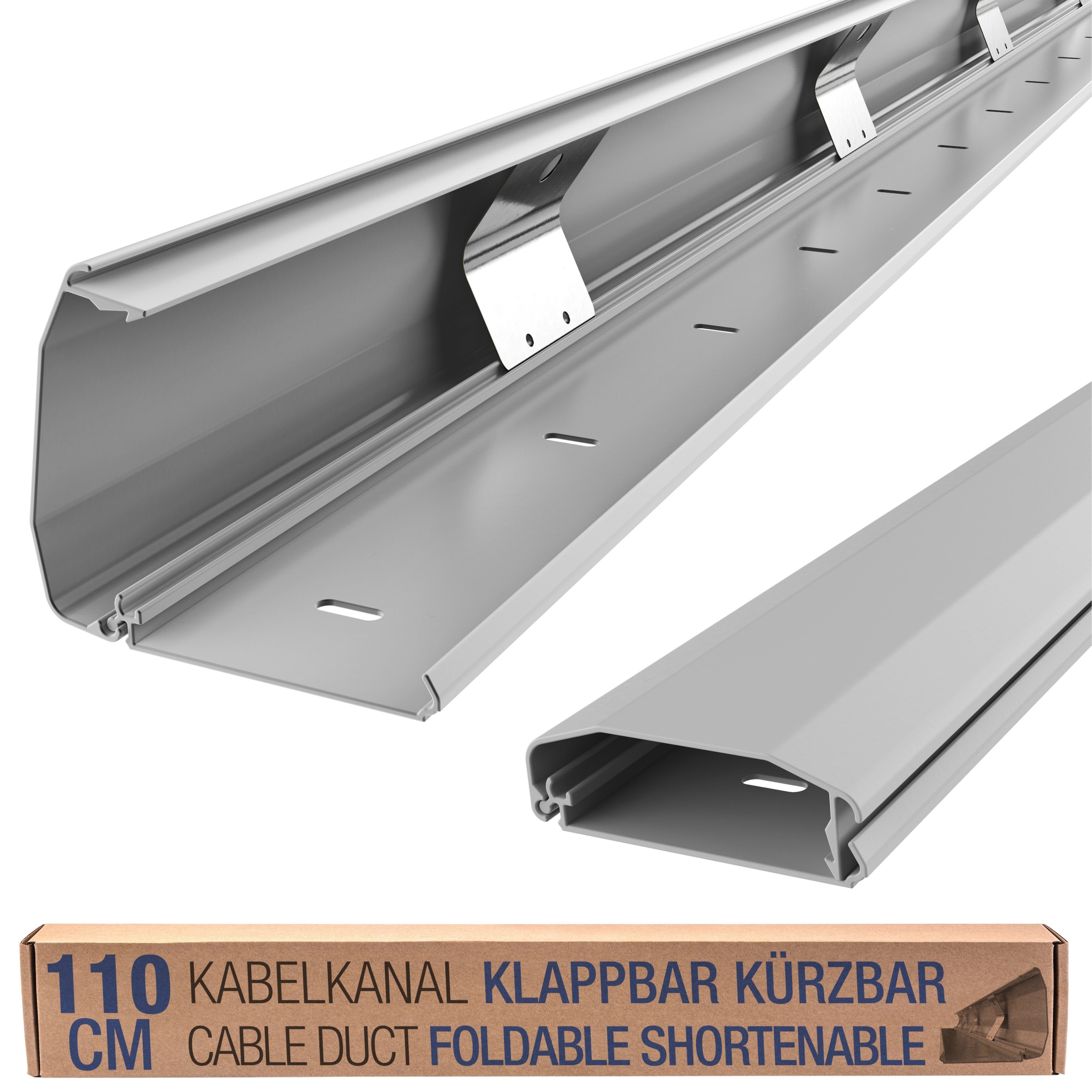 RICOO Kabelführung Kabelkanal Aluminium mit Klappmechanismus grau 110cm Z1110-G (1-St., ausklappbar Metall Kabelführung Alu Kabel Organizer flexibel kürzbar), Kabelklemme Kabelmanagement für Wand und Boden 1100 x 60 x 20mm