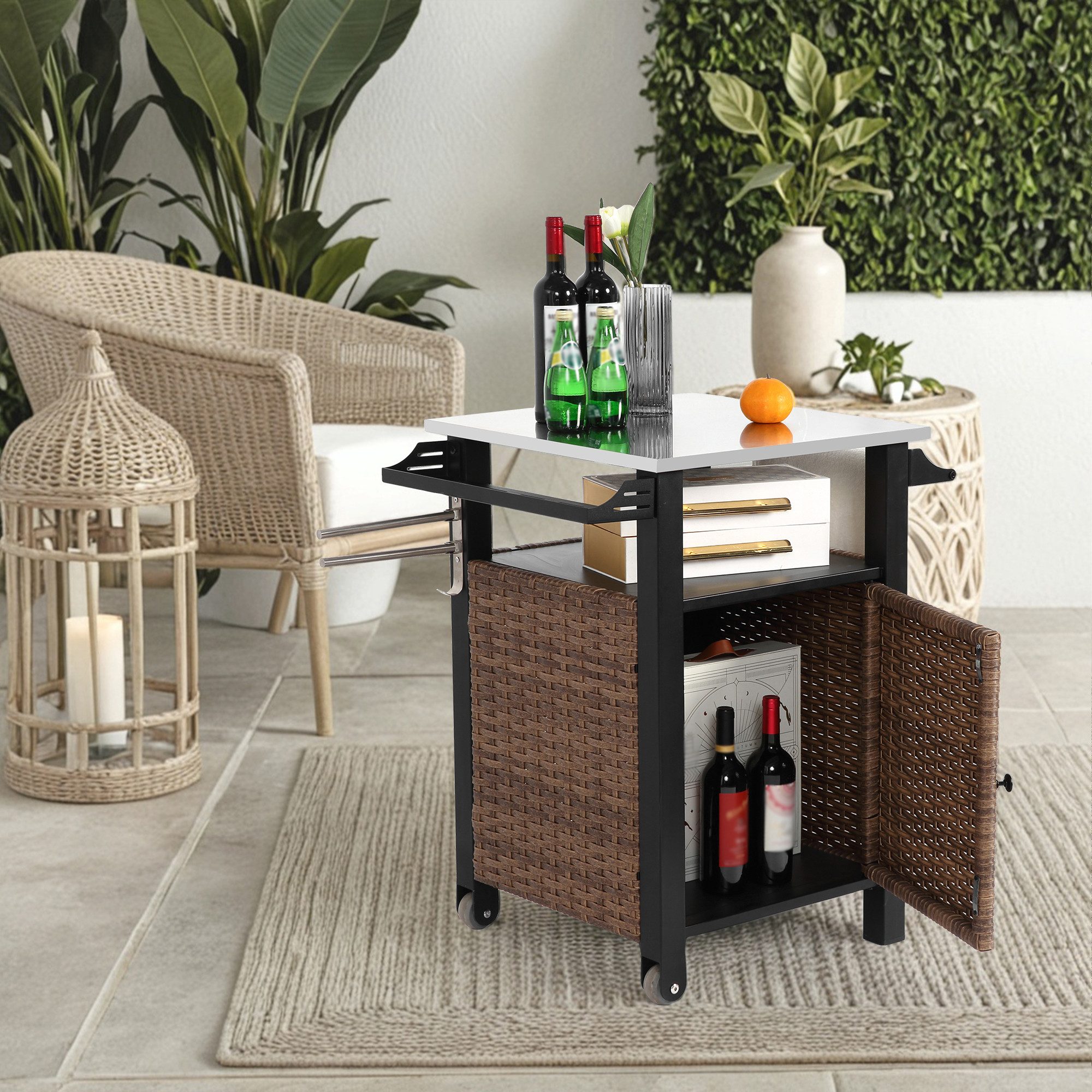 OKWISH Küchenwagen Barwagen Rattan Outdoor Rollwagen Edelstahl Tischplatte Brown, (für Terrassenküche, 1 St., Esszimmerwagen, Kücheninsel, Servierwagen), aus Korbgeflecht, Edelstahl, verlängerte Tischplatte, seitlicher Griff