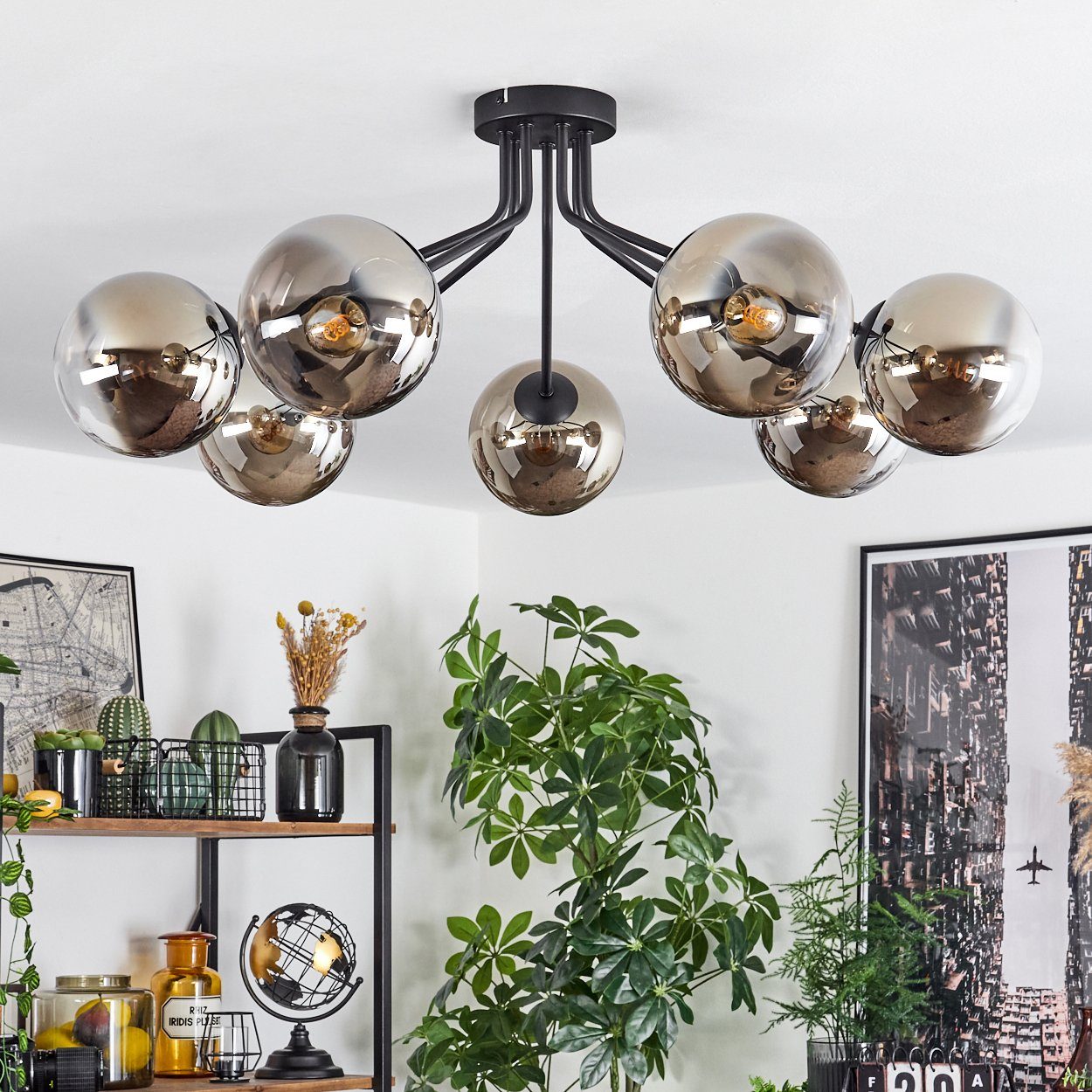 hofstein Deckenleuchte moderne Deckenlampe aus Metall/Glas in Schwarz/Rauchfarben/Klar, ohne Leuchtmittel, im Retro/Vintage-Design, Glasschrime Ø15cm, 7x E14, ohne Leuchtmittel