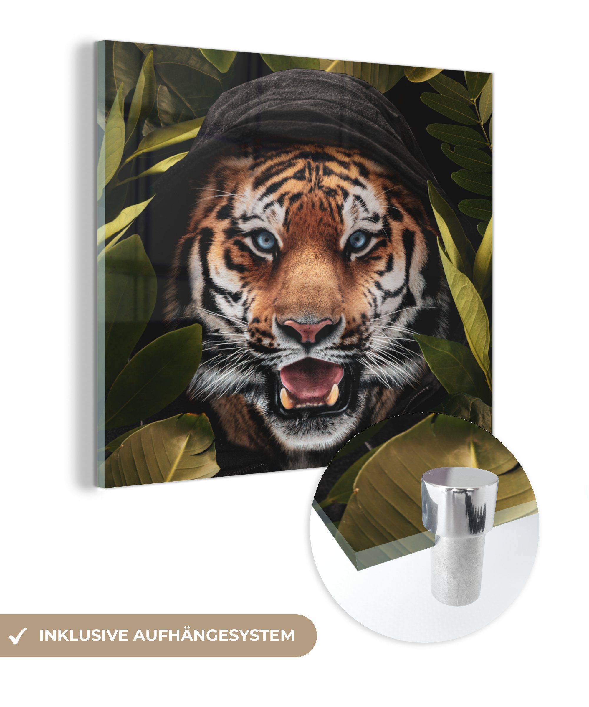 MuchoWow Acrylglasbild Tiger - Dschungel - Blätter, (1 St), Glasbilder - Bilder auf Glas Wandbild - Foto auf Glas - Wanddekoration