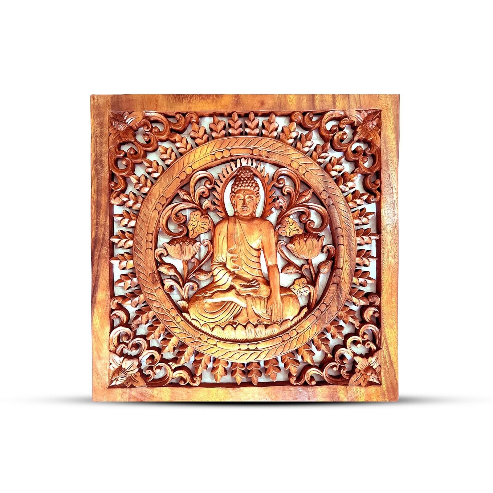Wanddekoobjekt quadratisches Holzpaneel Buddha 3D Wandbild Buddha-Panel 40cm