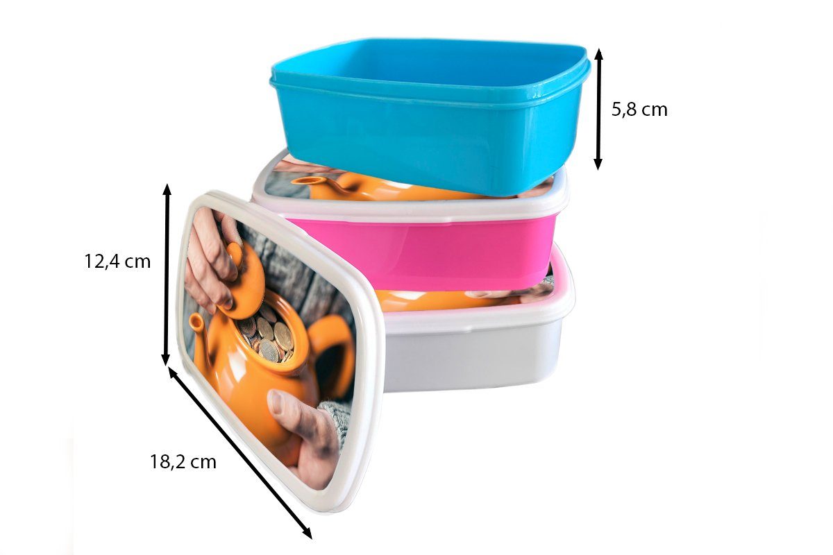 Kunststoff, Brotbox für Lunchbox gefüllt MuchoWow mit Mädchen, Orangefarbene Kunststoff rosa (2-tlg), Erwachsene, Brotdose Kinder, Teekanne Münzen, Snackbox,