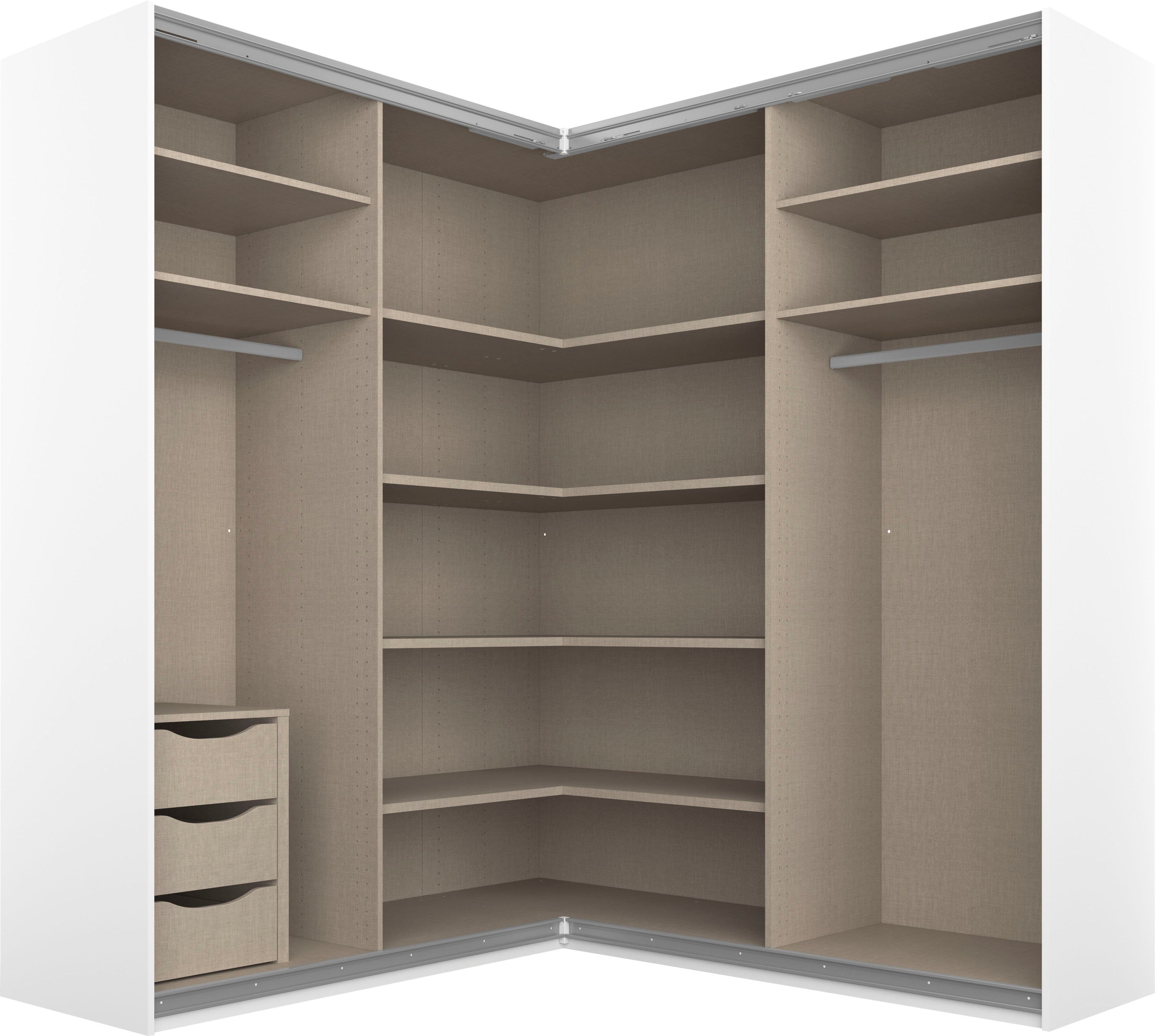rauch Schwebetürenschrank Kleiderschrank Garderobe Eckkleiderschrank QUADRA mit edler Glasfront (Maß 181x187 cm, Höhen 210/229 cm, inkl. Soft-Close-Funktion) extra großer Eckschrank inkl. Schubladeneinsatz MADE IN GERMANY