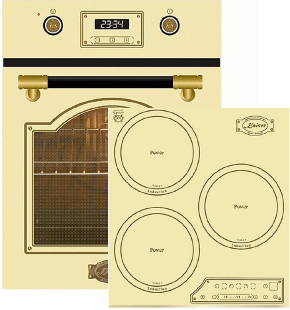 Kaiser Küchengeräte Induktions Herd-Set EH 4796 ElfAD+KCT 4795 FI ElfAD/3, Retro Backofen Einbaubackofen 45 cm, Autark, 50 L, 9 Funktionen,Teleskopauszug,Intelligent Sysytem,Easy clean-Emaille,Art Déco-Leder bedeckte Griffstange+Einbau Herd, 3 Kochzonen, 45 cm,Full Touch Control, Autark,Facetten