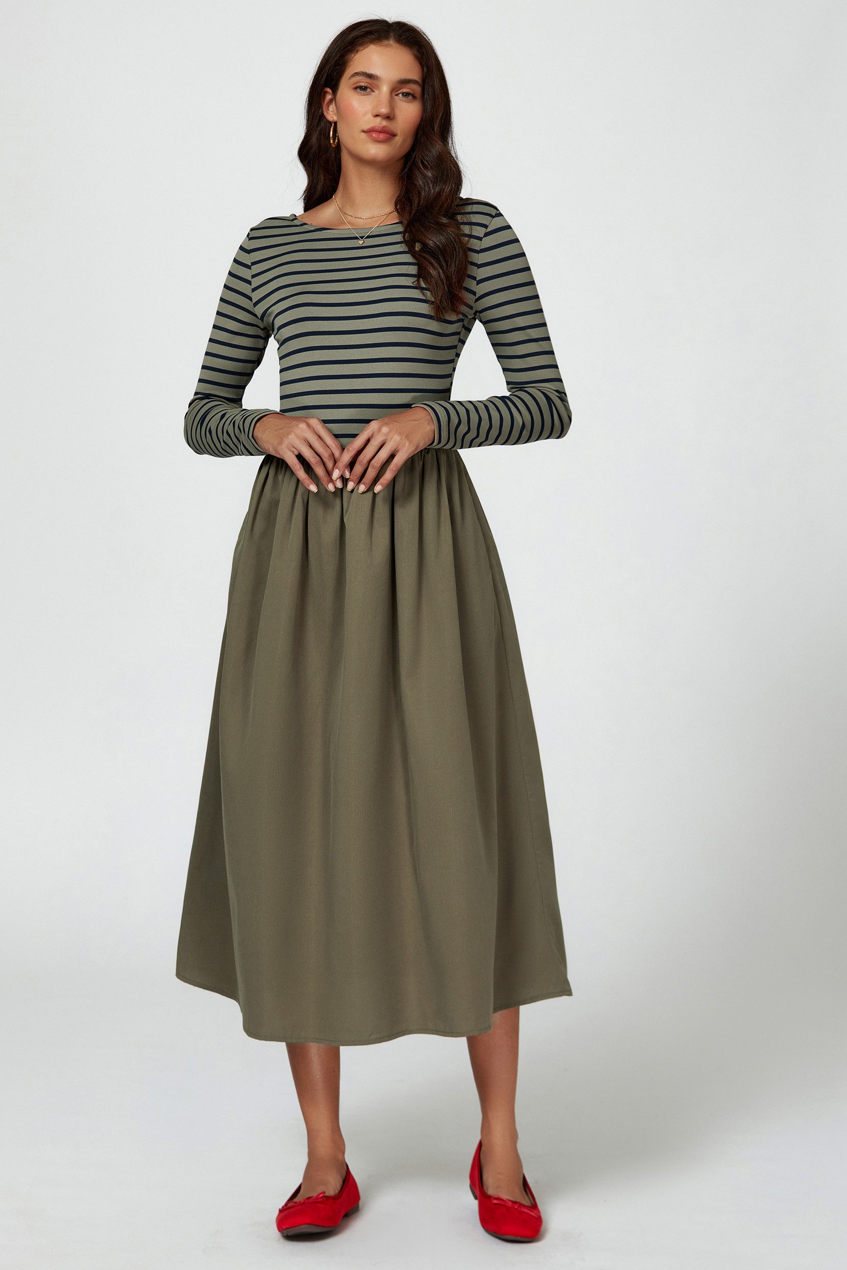 FS Collection Midikleid Damen Gestreiftes Midikleid Olivgrün – Langarm & El günstig online kaufen