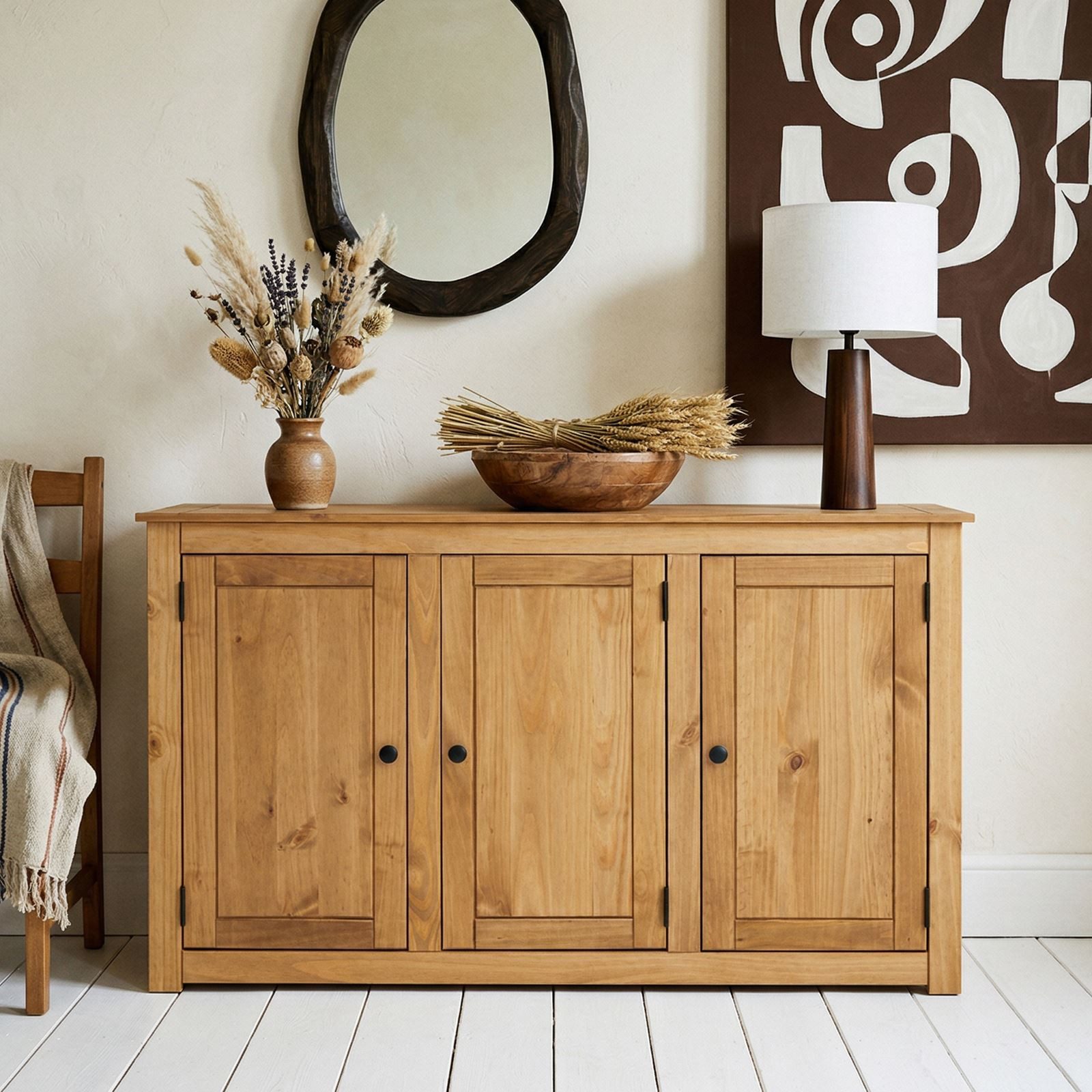 CARO-Möbel Kommode CANCUN, Kommode aus Kiefer Massivholz 3 Türen, Wohnzimmer, Flur Aufbewahrung