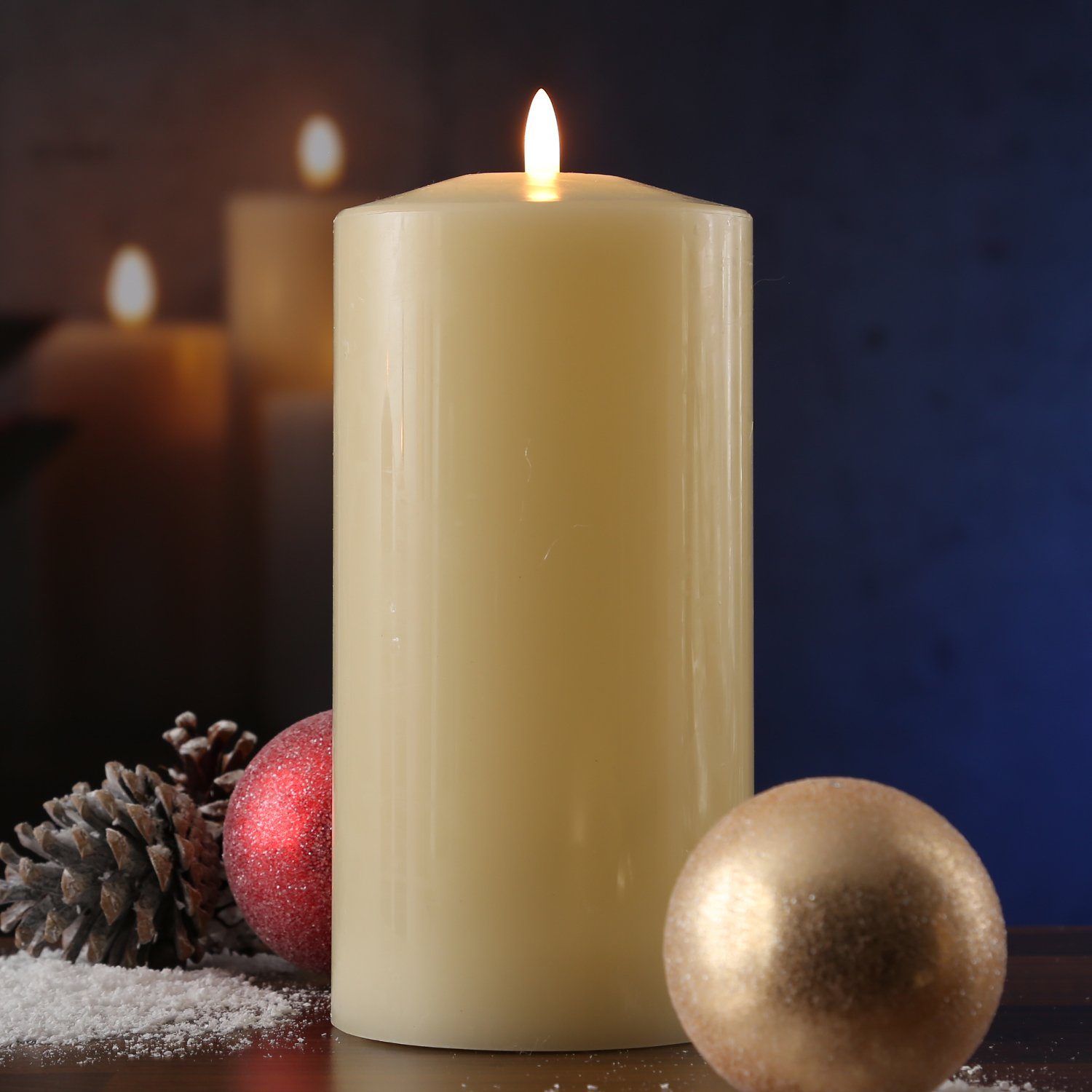 MARELIDA LED-Kerze Stumpenkerze Echtwachs flackernd H: 22cm D: 10cm Timer creme