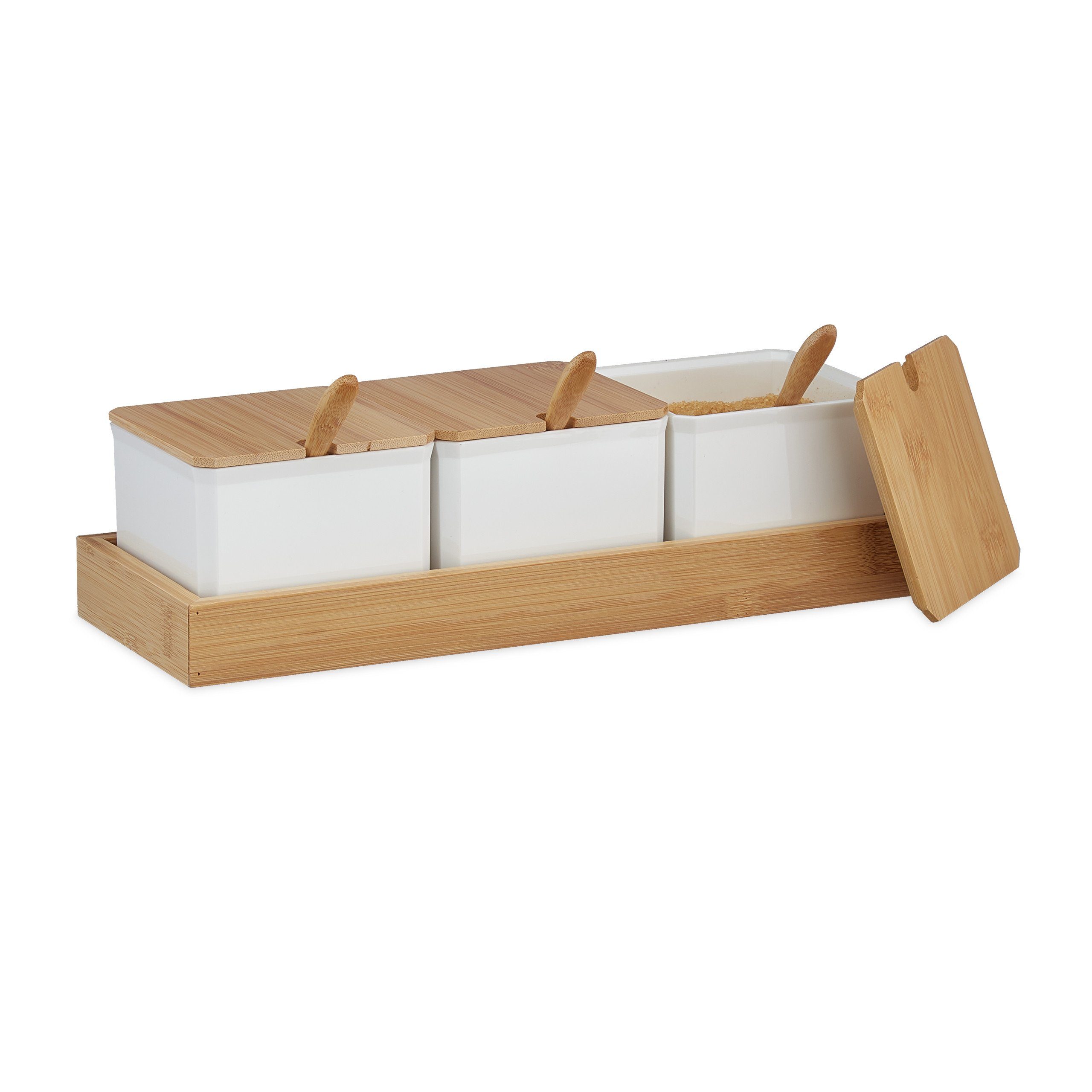 relaxdays Gewürzbehälter Gewürzbehälter Set mit Löffel & Deckel, Kunststoff, Weiß Hellbraun Weiß