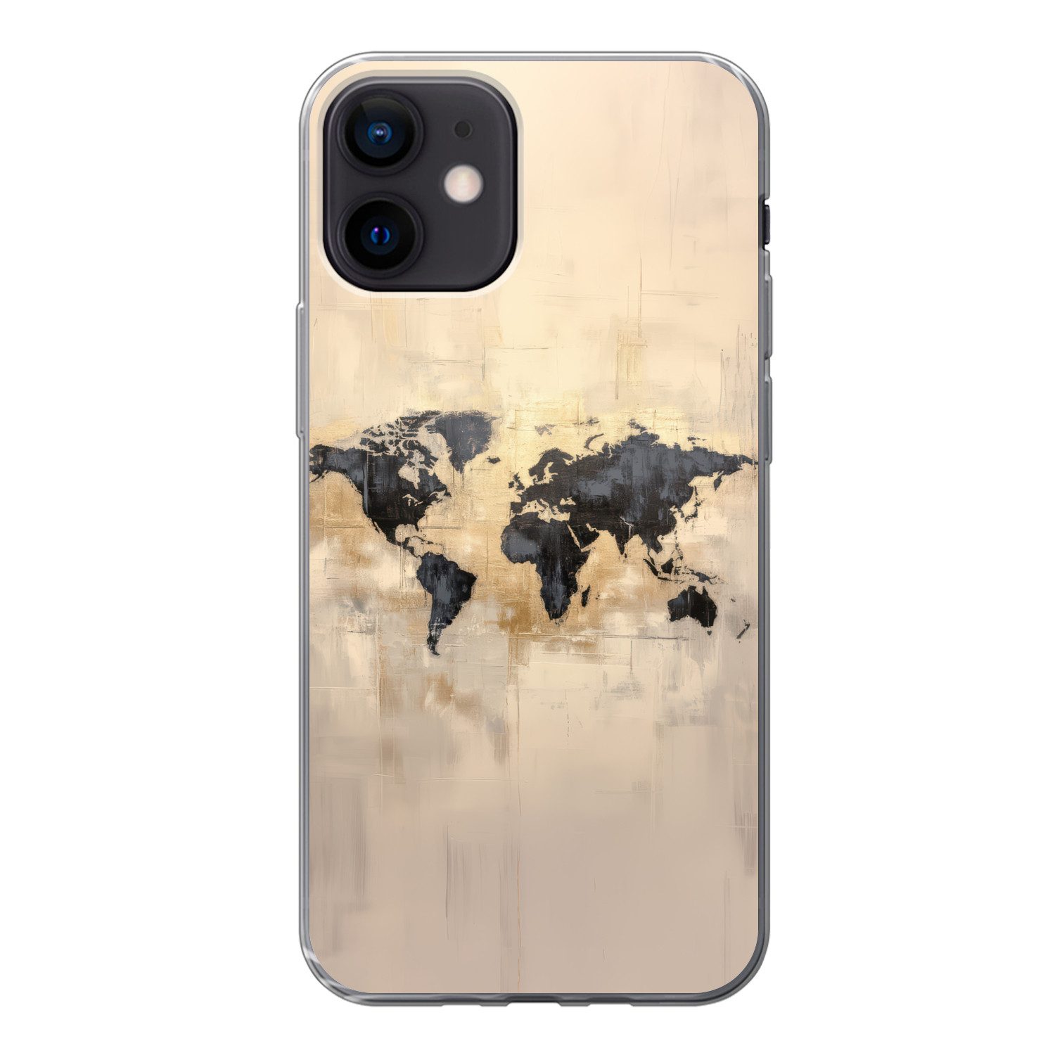 MuchoWow Handyhülle für Apple iPhone 12 Weltkarte - Gold - Schwarz - Abstrakt, Smartphone-Bumper, Print, Handy Schutzhülle Dünn