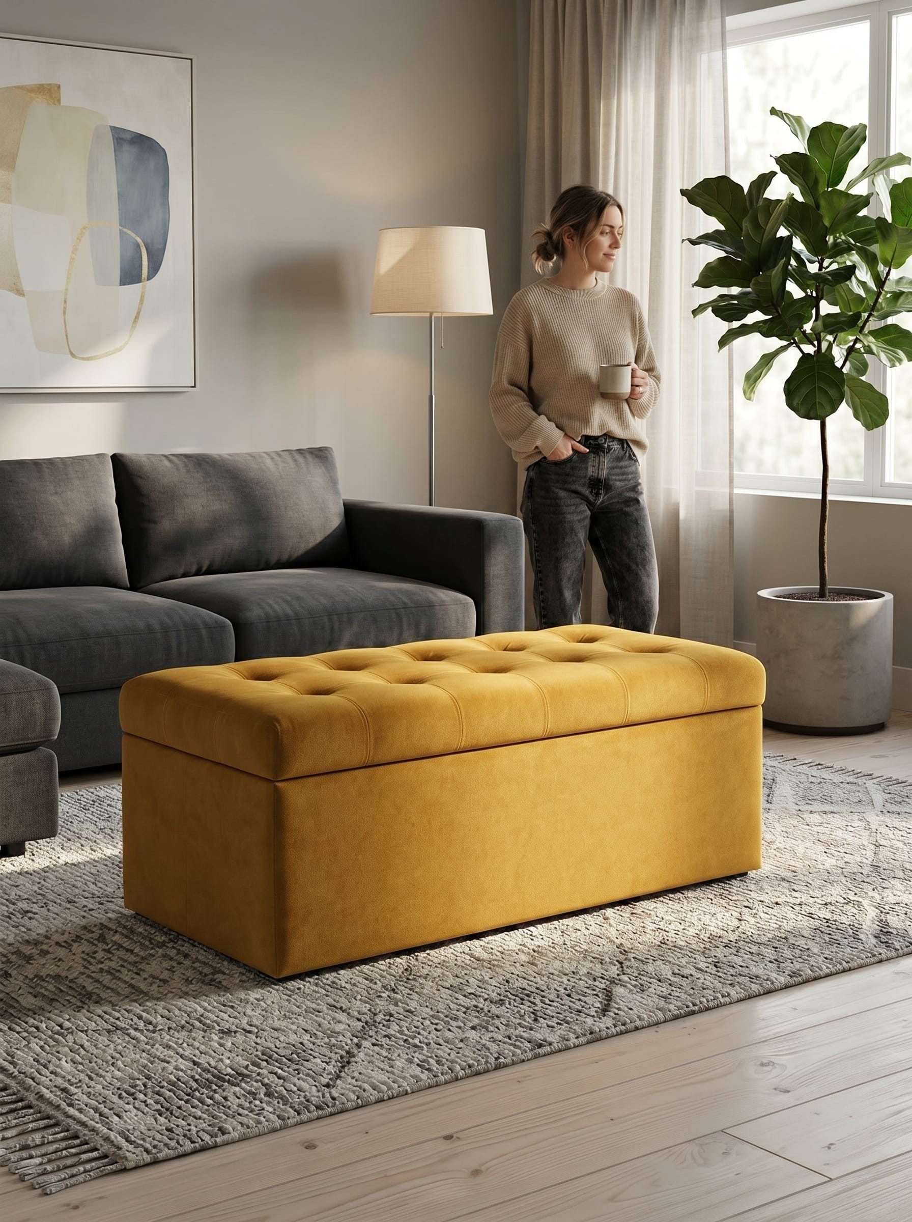 Xlmoebel Truhe Rechteckiger gelber Textilhocker für das Wohnzimmer, modern und, Made in Europa